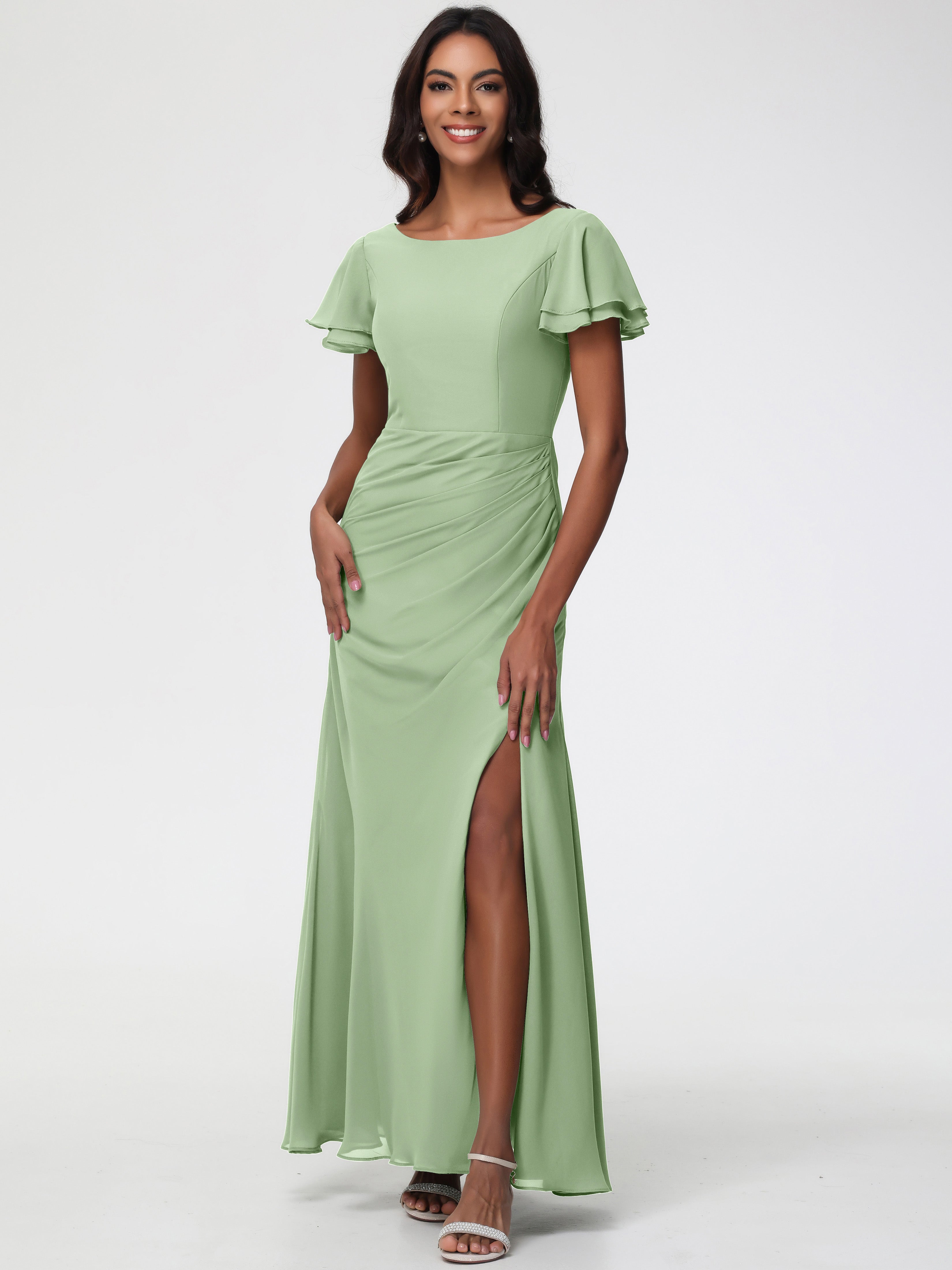 Dusty Sage Green Bridesmaid Dresses Chic Bateau Neckline Ruffle Short Sleeves Sheath/Column Chiffon Bridesmaid Dress with Slit Dusty Sage Green Bridesmaid Dresses Chic Bateau Neckline Ruffle Short Sleeves Sheath/Column Chiffon Bridesmaid Dress with Slit