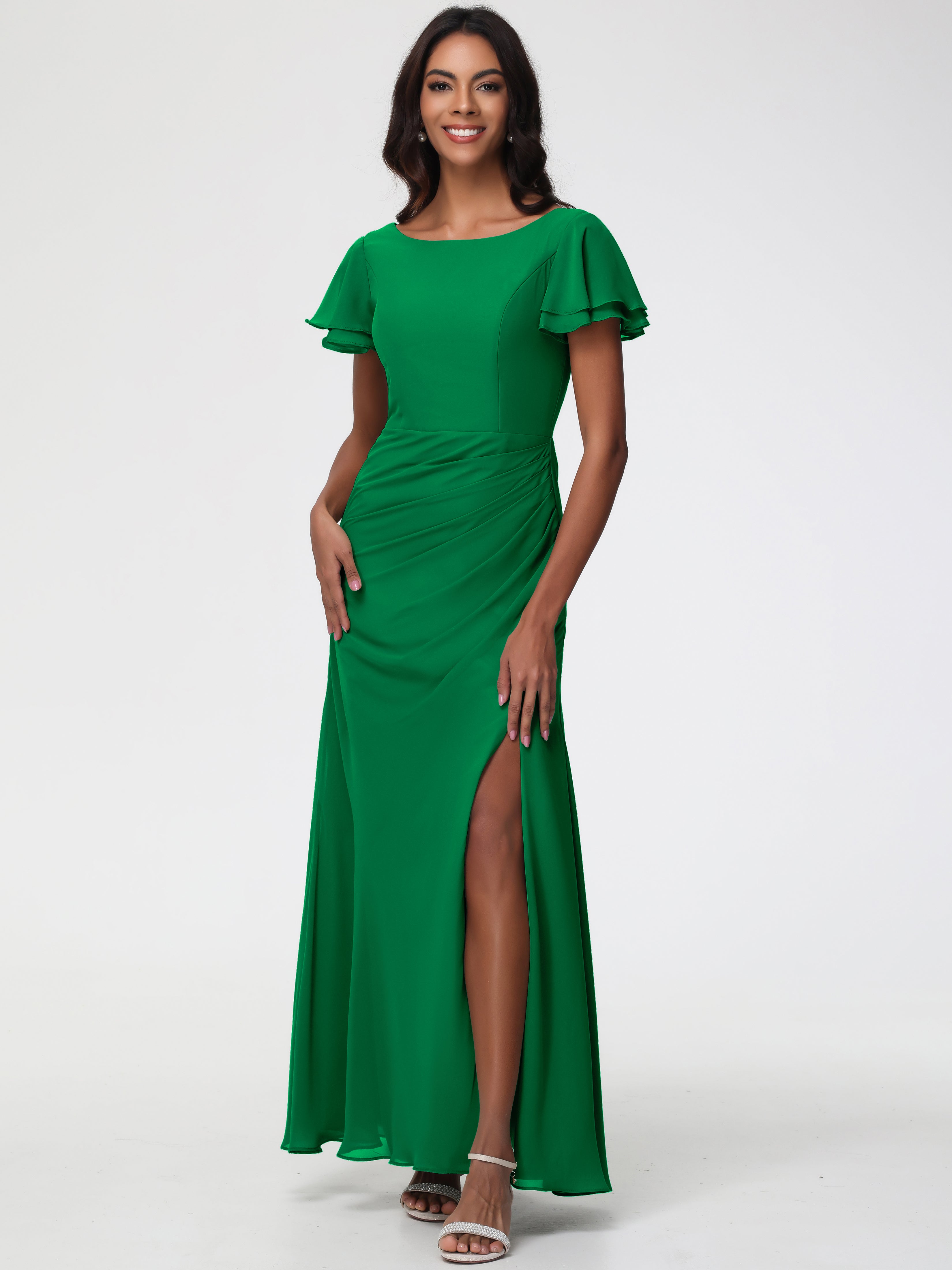 Emerald Bridesmaid Dresses Chic Bateau Neckline Ruffle Short Sleeves Sheath/Column Chiffon Bridesmaid Dress with Slit Emerald Bridesmaid Dresses Chic Bateau Neckline Ruffle Short Sleeves Sheath/Column Chiffon Bridesmaid Dress with Slit
