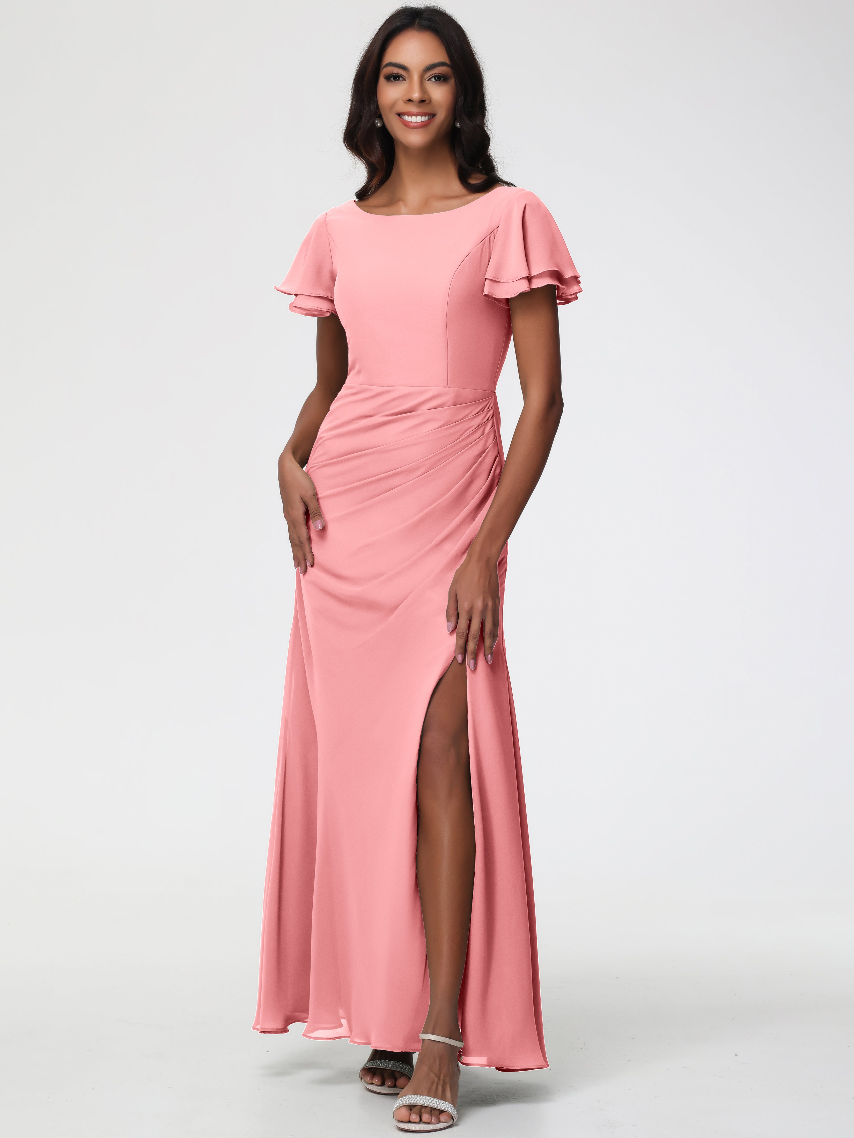 Flamingo Bridesmaids Dresses Chic Bateau Neckline Ruffle Short Sleeves Sheath/Column Chiffon Bridesmaid Dress with Slit Flamingo Bridesmaids Dresses Chic Bateau Neckline Ruffle Short Sleeves Sheath/Column Chiffon Bridesmaid Dress with Slit