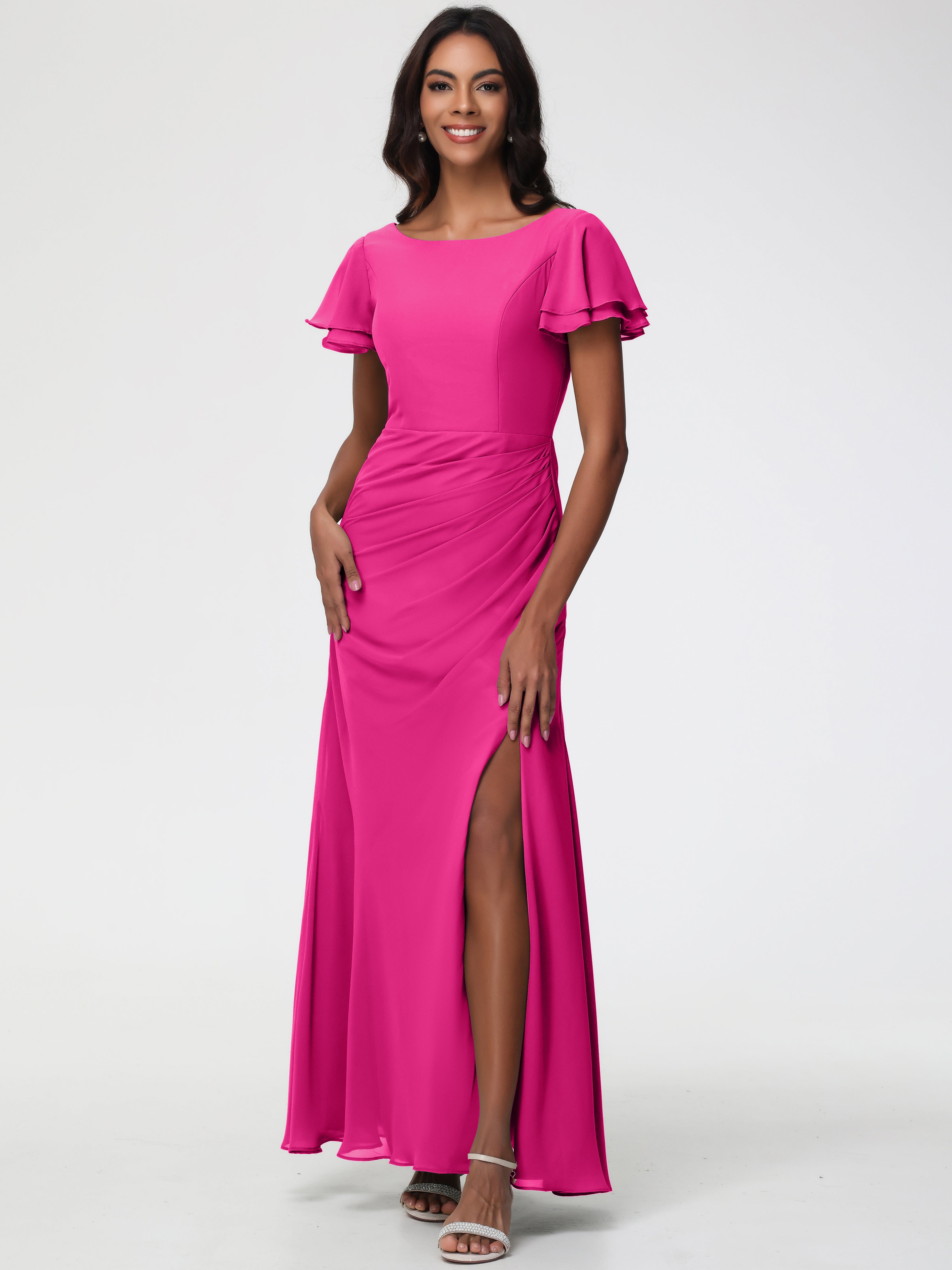 Fuchsia Pink Bridesmaid Dress Chic Bateau Neckline Ruffle Short Sleeve Fuchsia Pink Bridesmaid Dress Chic Bateau Neckline Ruffle Short Sleeve