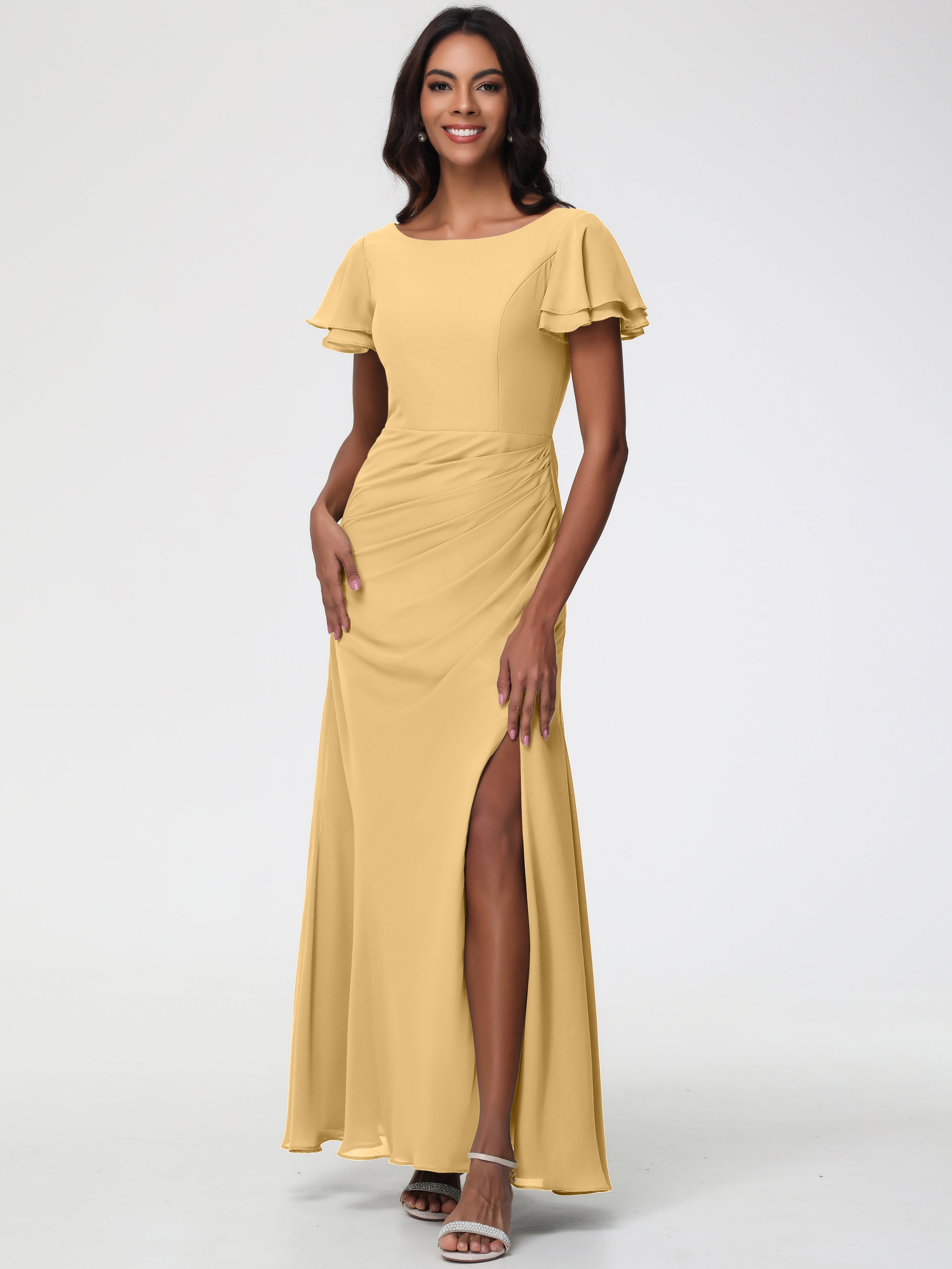 Gold Bridesmaid Dress Chic Bateau Neckline Ruffle Short Sleeves Sheath/Column Chiffon Bridesmaid Dress with Slit Gold Bridesmaid Dress Chic Bateau Neckline Ruffle Short Sleeves Sheath/Column Chiffon Bridesmaid Dress with Slit