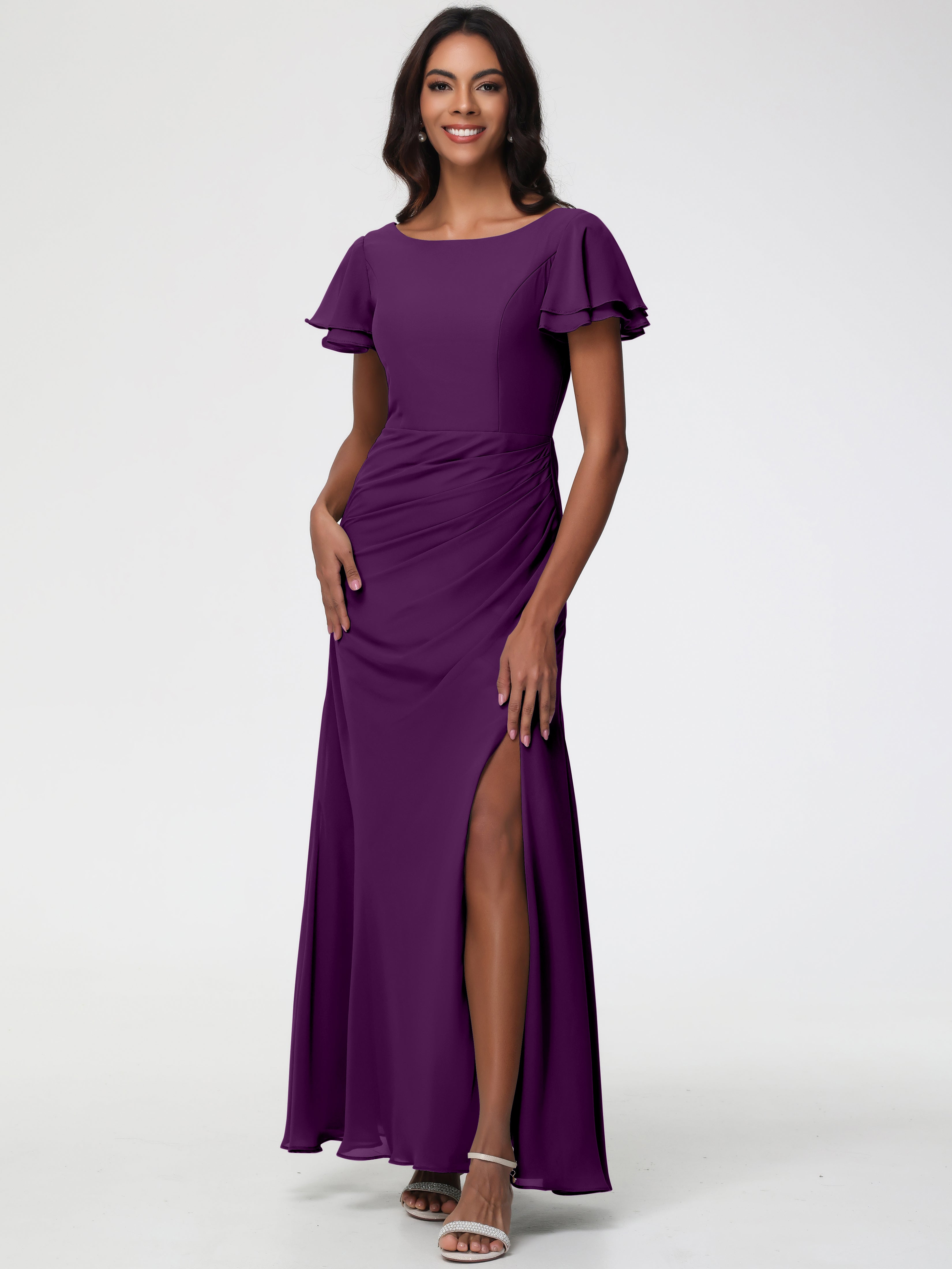 Grape Purple Bridesmaid Dresses Chic Bateau Neckline Ruffle Short Sleeves Sheath/Column Chiffon Bridesmaid Dress with Slit Grape Purple Bridesmaid Dresses Chic Bateau Neckline Ruffle Short Sleeves Sheath/Column Chiffon Bridesmaid Dress with Slit
