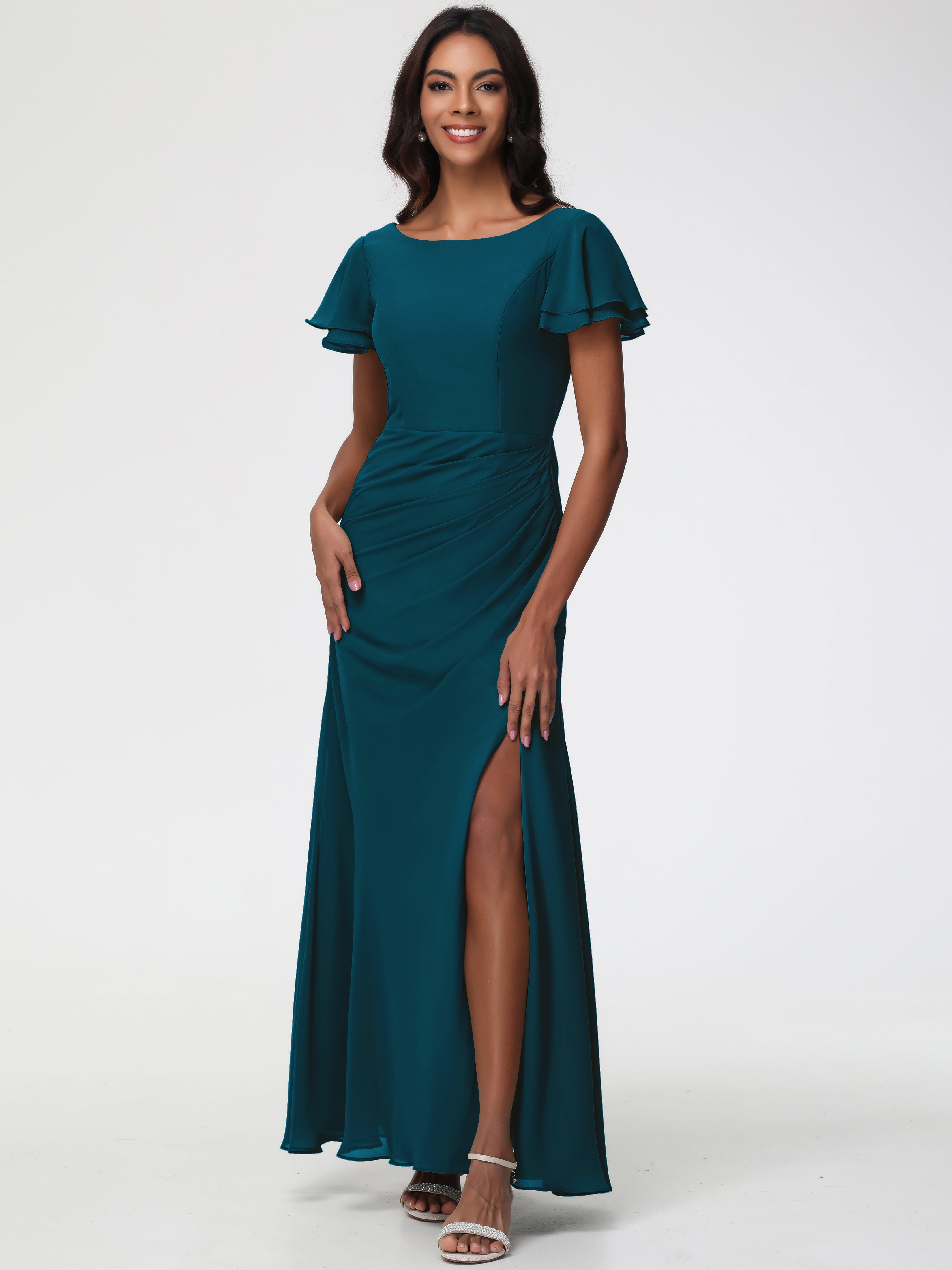 Ink Blue Bridesmaid Dress Chic Bateau Neckline Ruffle Short Sleeves Sheath/Column Chiffon Bridesmaid Dress with Slit Ink Blue Bridesmaid Dress Chic Bateau Neckline Ruffle Short Sleeves Sheath/Column Chiffon Bridesmaid Dress with Slit