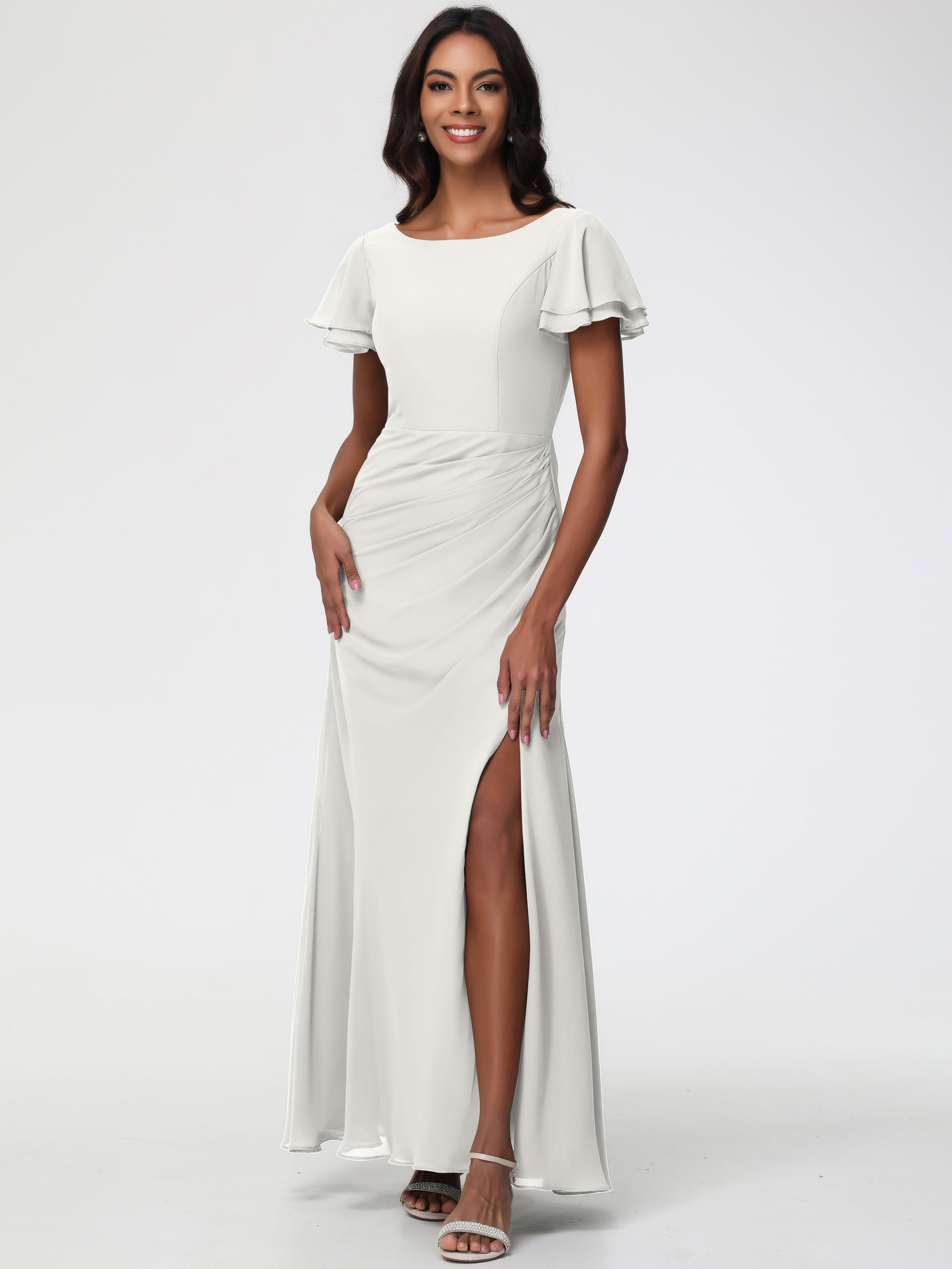 Wedding Ivory Bridesmaid Dresses Chic Bateau Neckline Ruffle Short Sleeves Sheath/Column Chiffon Bridesmaid Dress with Slit Wedding Ivory Bridesmaid Dresses Chic Bateau Neckline Ruffle Short Sleeves Sheath/Column Chiffon Bridesmaid Dress with Slit