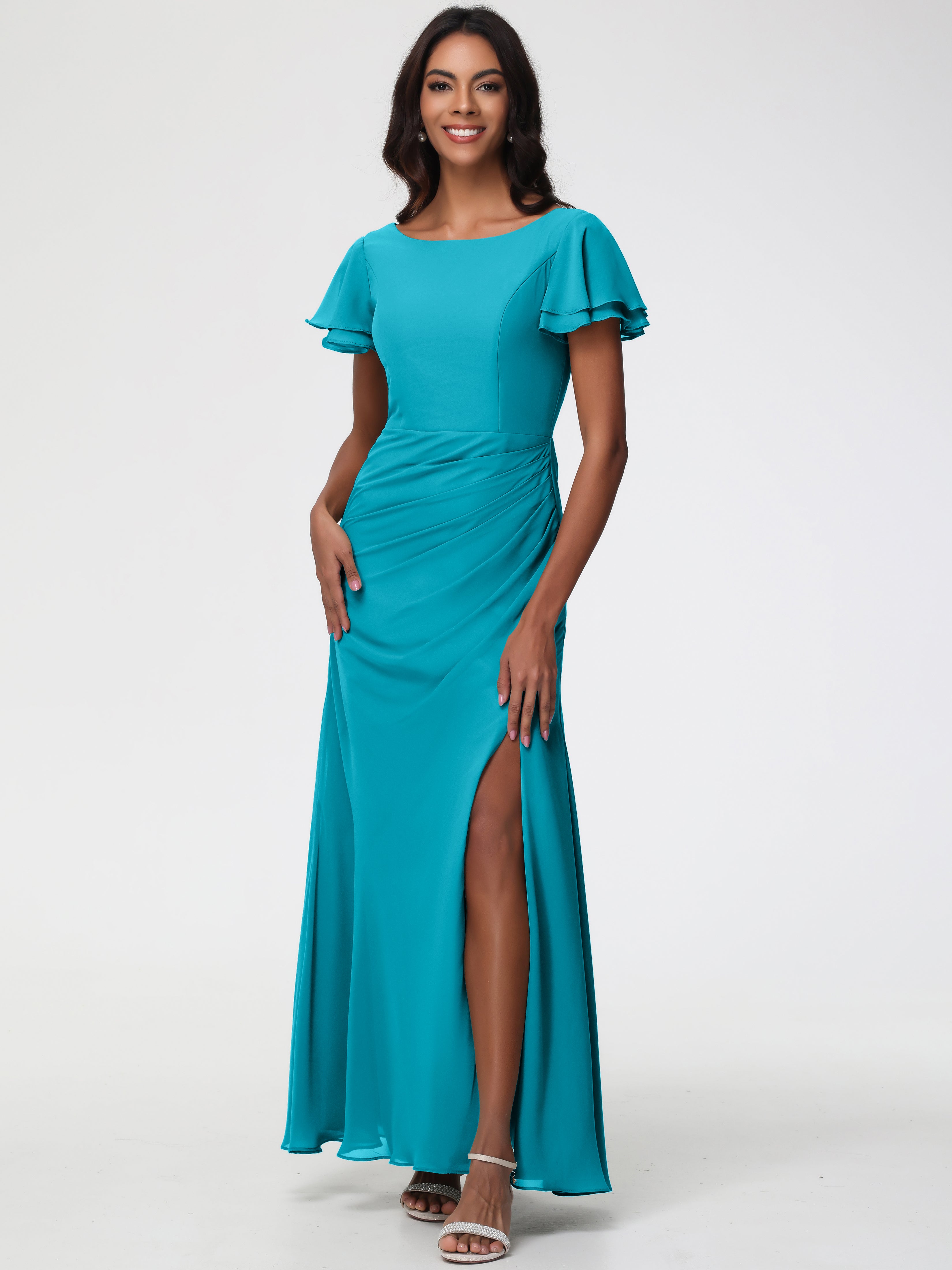 Jade Green Bridesmaid Dresses Chic Bateau Neckline Ruffle Short Sleeves Sheath/Column Chiffon Bridesmaid Dress with Slit Jade Green Bridesmaid Dresses Chic Bateau Neckline Ruffle Short Sleeves Sheath/Column Chiffon Bridesmaid Dress with Slit