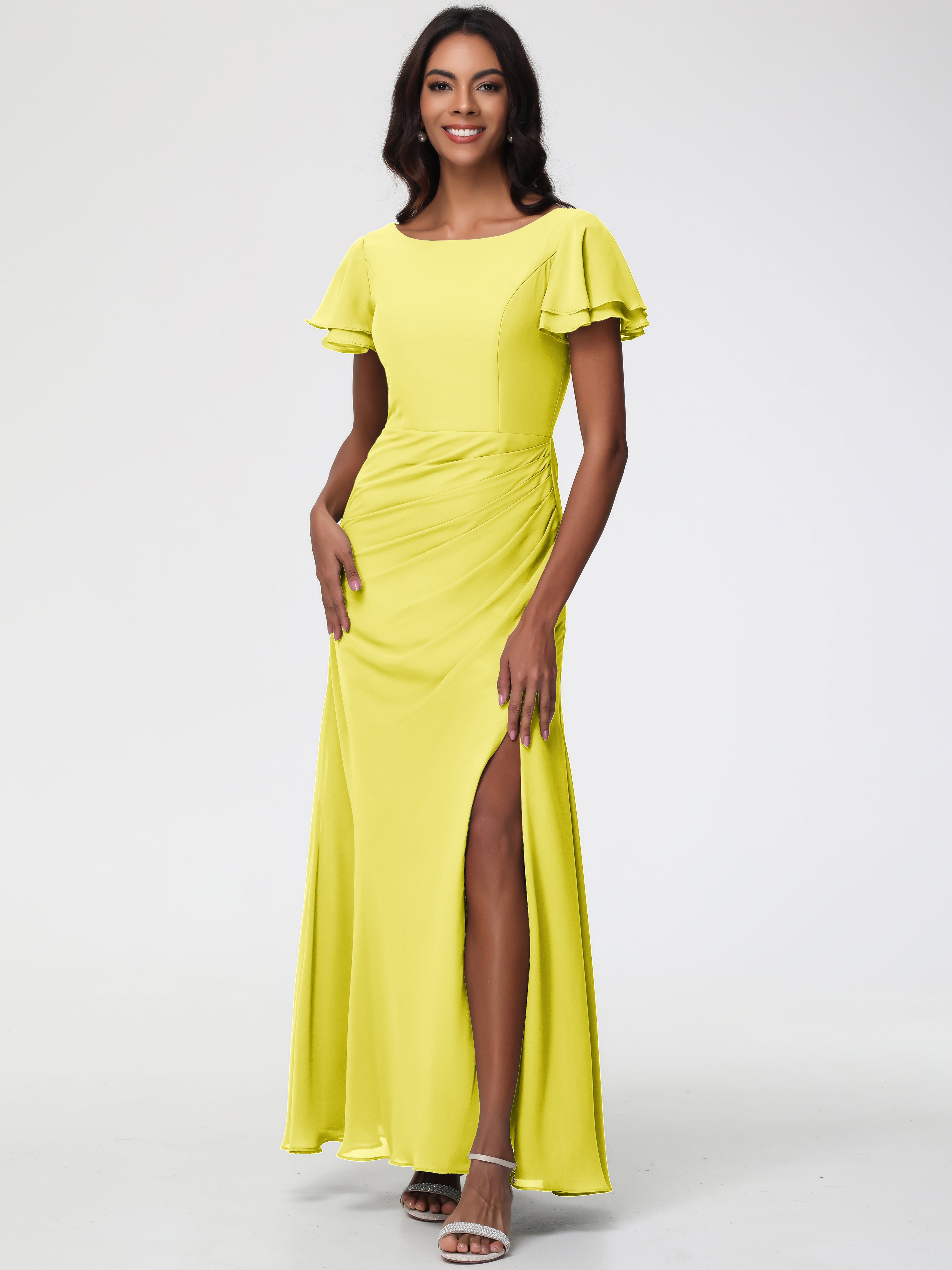 Lemon Yellow Bridesmaid Dresses Chic Bateau Neckline Ruffle Short Sleeves Sheath/Column Chiffon Bridesmaid Dress with Slit Lemon Yellow Bridesmaid Dresses Chic Bateau Neckline Ruffle Short Sleeves Sheath/Column Chiffon Bridesmaid Dress with Slit