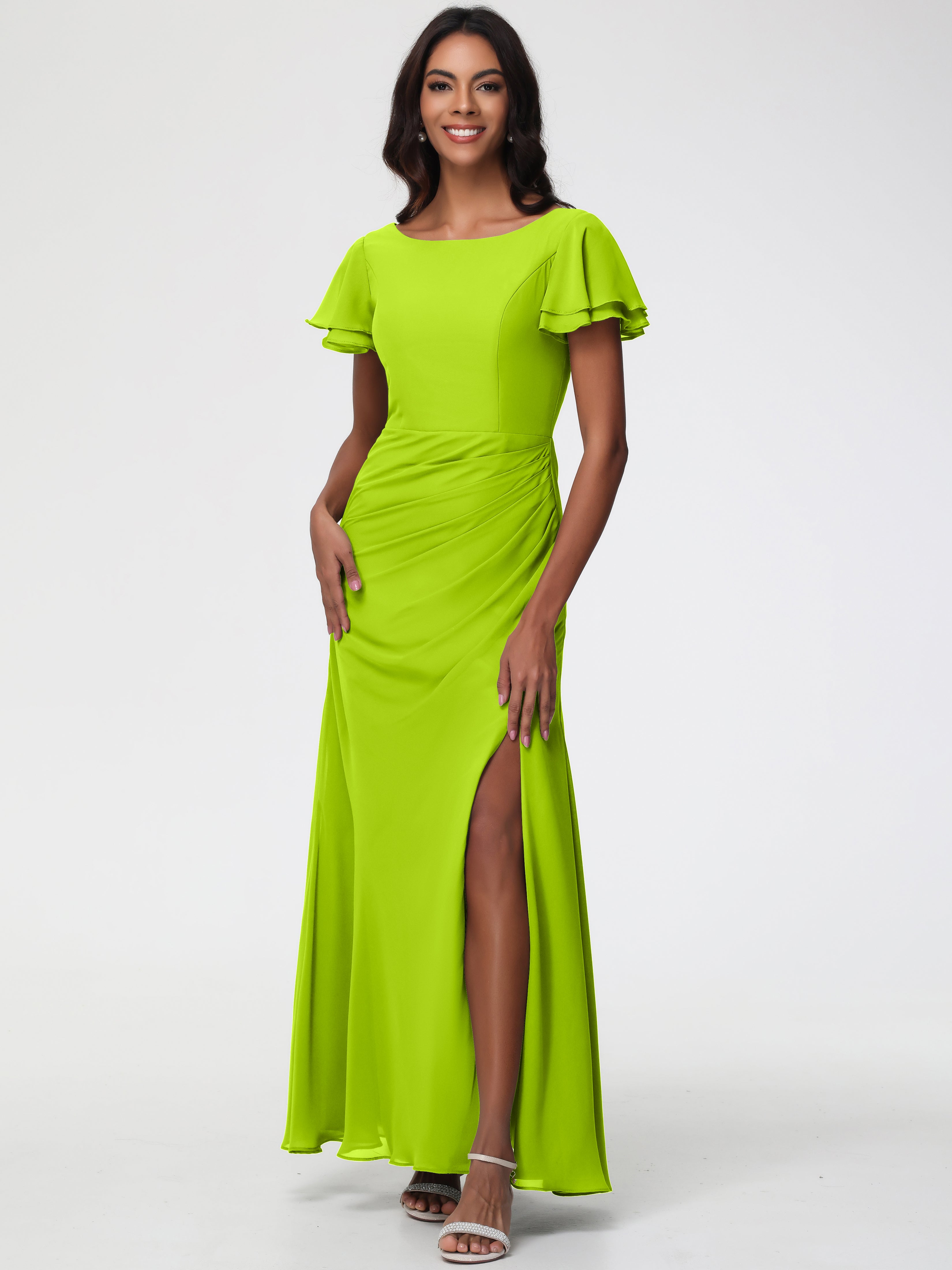 Bridesmaid Dress Lime Green Chic Bateau Neckline Ruffle Short Sleeves Sheath/Column Chiffon Bridesmaid Dress with Slit Bridesmaid Dress Lime Green Chic Bateau Neckline Ruffle Short Sleeves Sheath/Column Chiffon Bridesmaid Dress with Slit