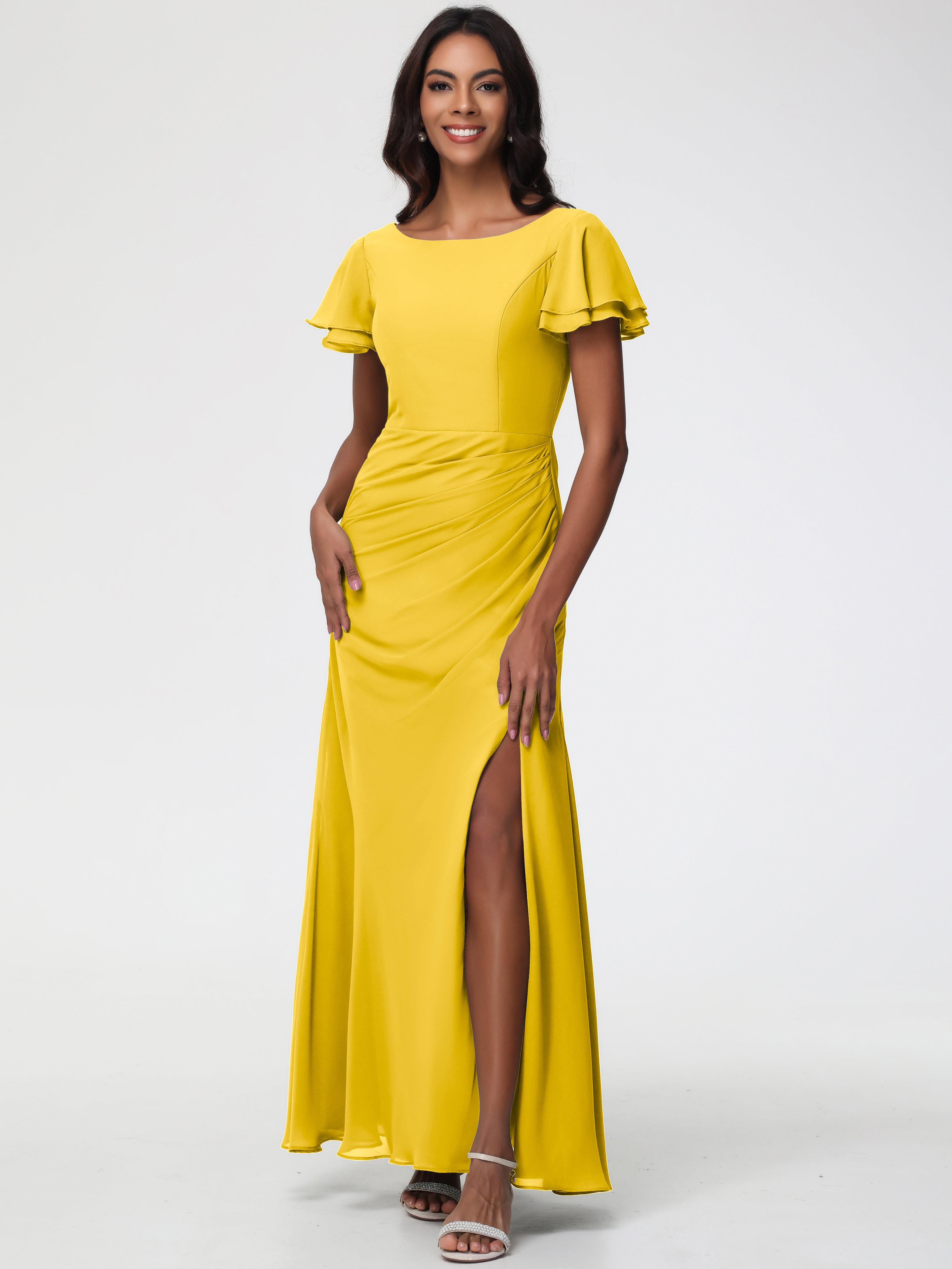 Marigold Bridesmaid Dresses Chic Bateau Neckline Ruffle Short Sleeves Sheath/Column Chiffon Bridesmaid Dress with Slit Marigold Bridesmaid Dresses Chic Bateau Neckline Ruffle Short Sleeves Sheath/Column Chiffon Bridesmaid Dress with Slit