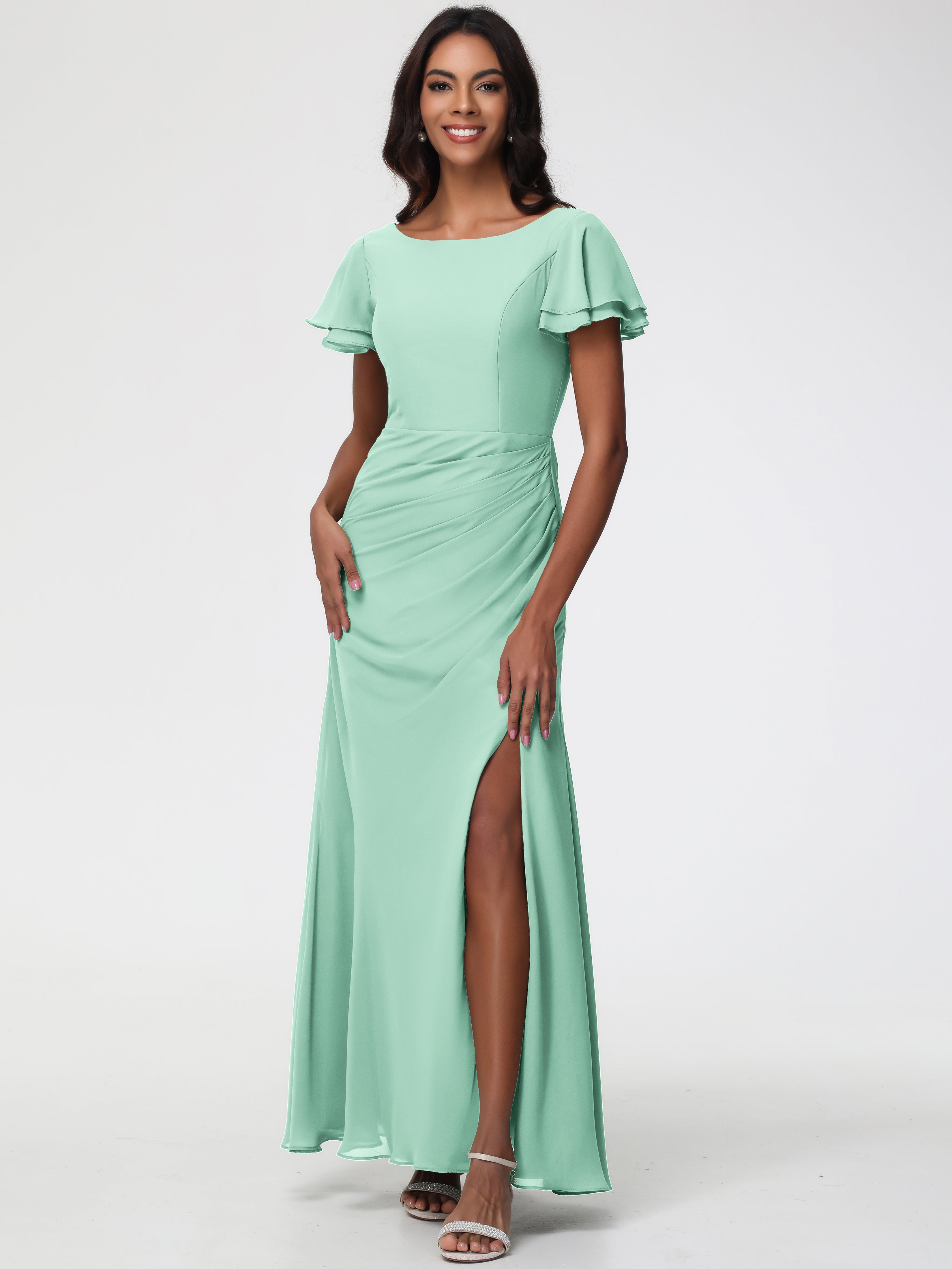 Bridesmaid Dresses Mint Green Chic Bateau Neckline Ruffle Short Sleeves Sheath/Column Chiffon Bridesmaid Dress with Slit Bridesmaid Dresses Mint Green Chic Bateau Neckline Ruffle Short Sleeves Sheath/Column Chiffon Bridesmaid Dress with Slit