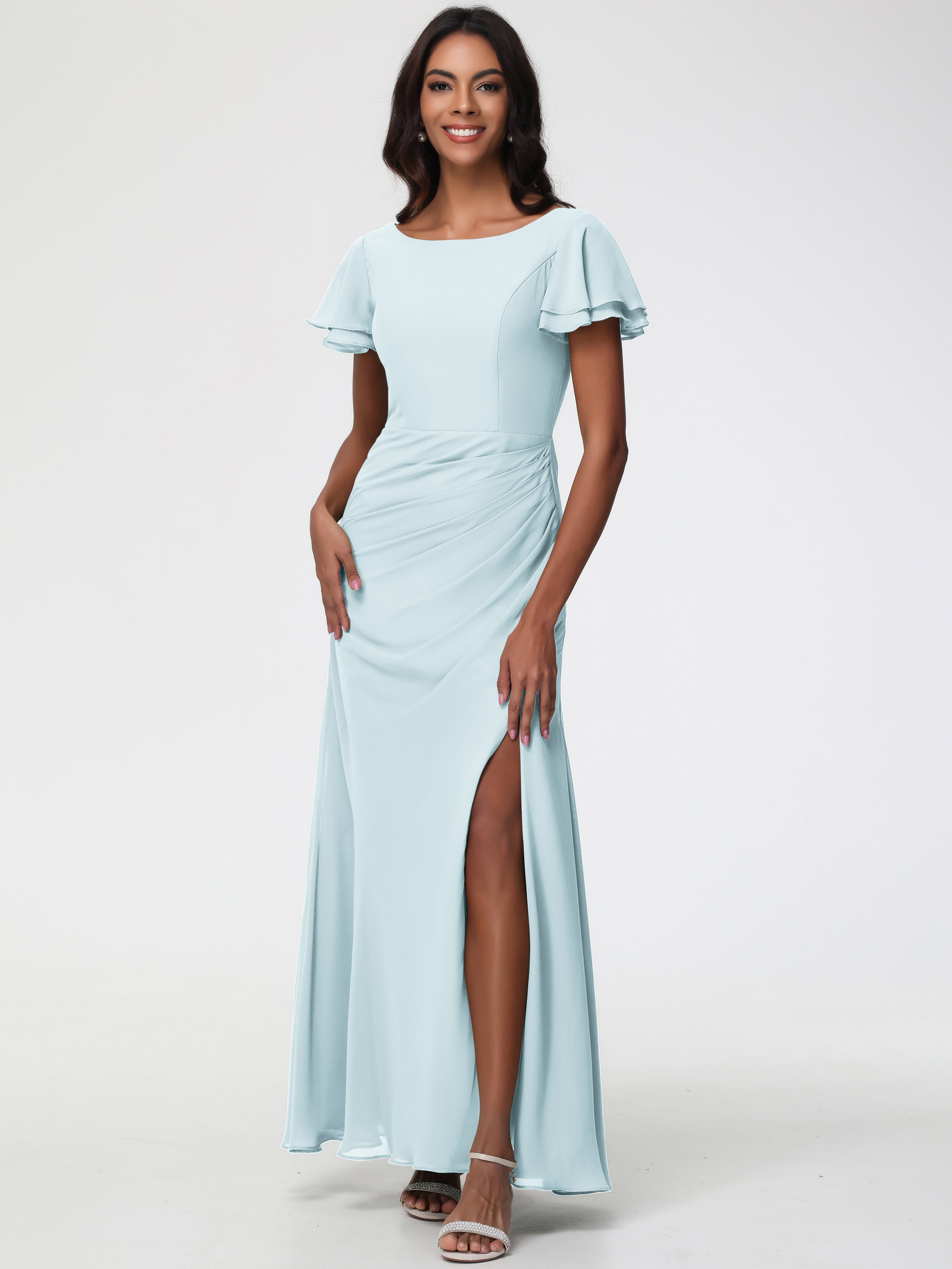 Mist Blue Bridesmaid Dresses Chic Bateau Neckline Ruffle Short Sleeves Sheath/Column Chiffon Bridesmaid Dress with Slit Mist Blue Bridesmaid Dresses Chic Bateau Neckline Ruffle Short Sleeves Sheath/Column Chiffon Bridesmaid Dress with Slit