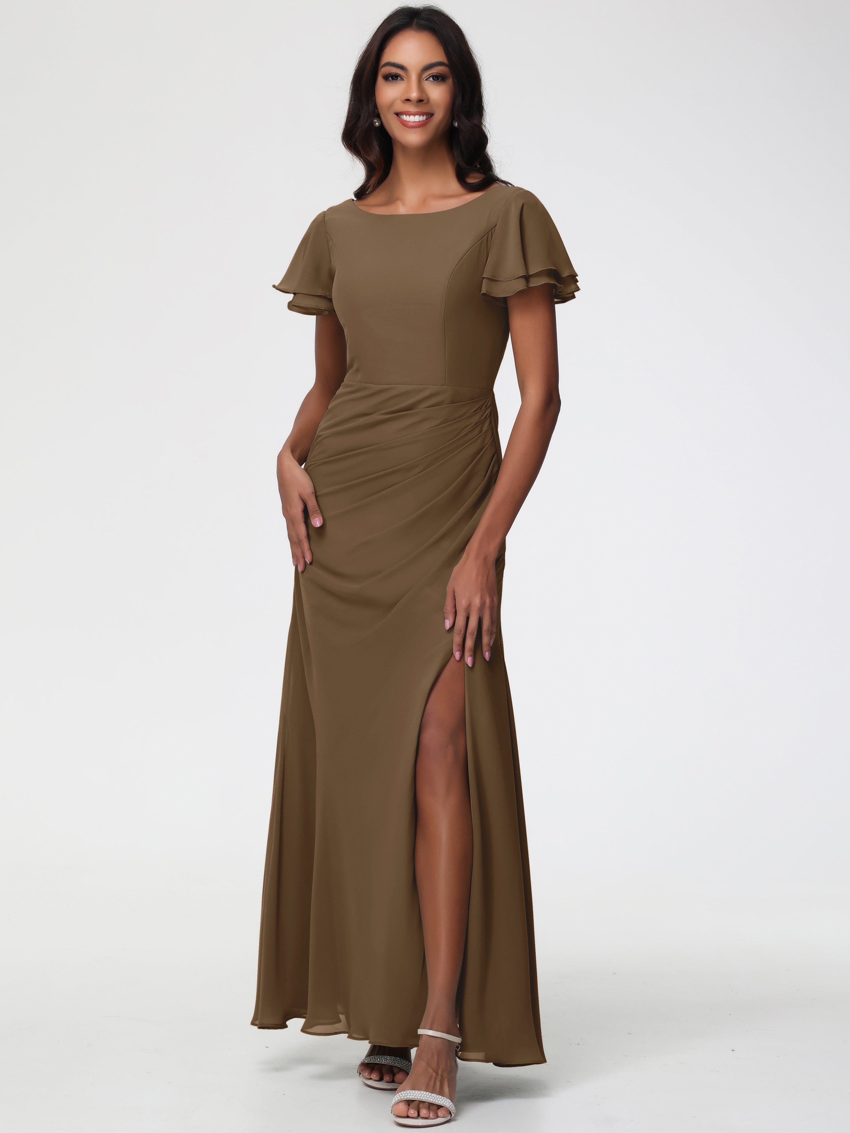 Mocha Brown Bridesmaid Dresses Chic Bateau Neckline Ruffle Short Sleeves Sheath/Column Chiffon Bridesmaid Dress with Slit Mocha Brown Bridesmaid Dresses Chic Bateau Neckline Ruffle Short Sleeves Sheath/Column Chiffon Bridesmaid Dress with Slit