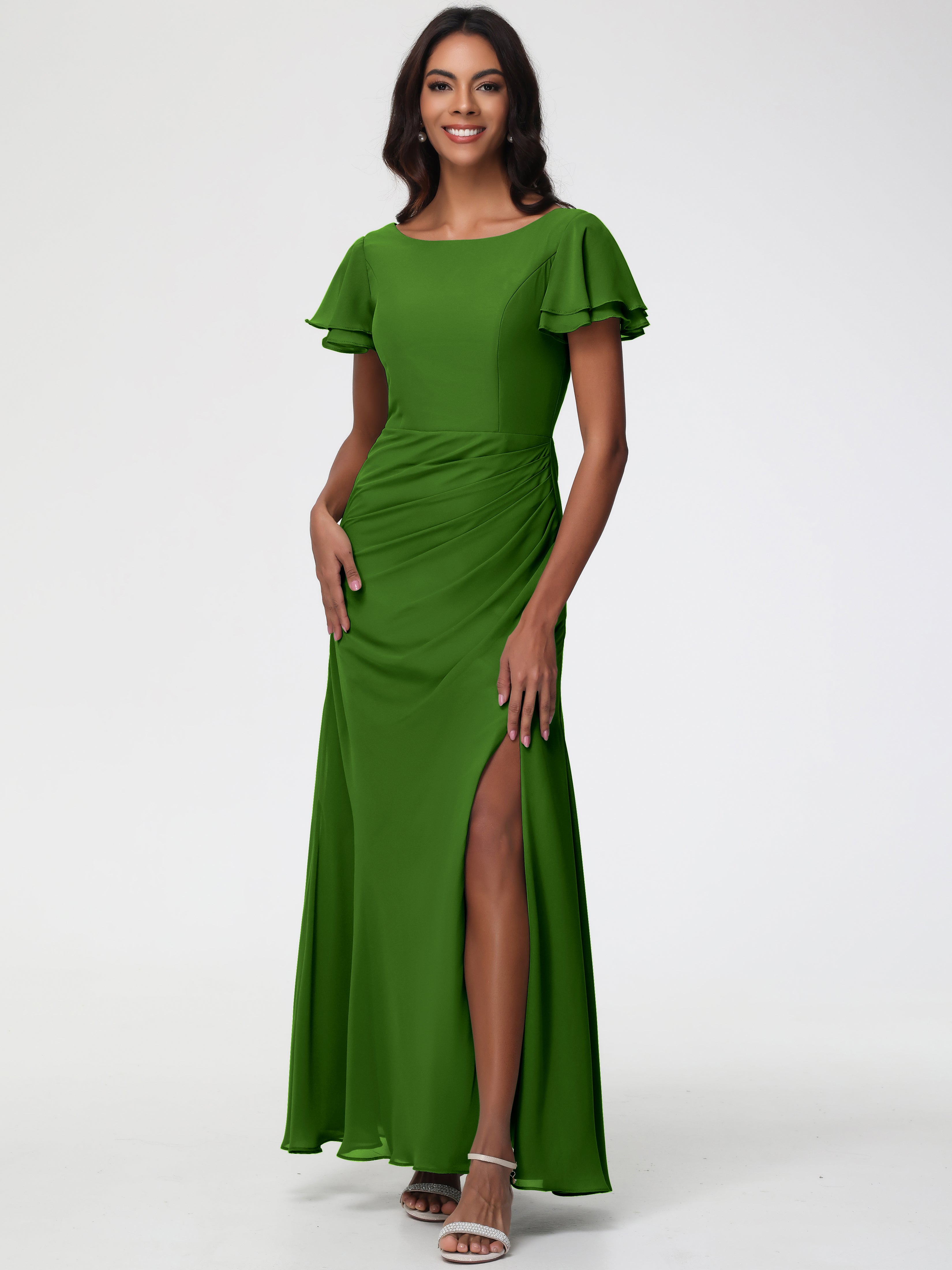 bridesmaid dresses with short sleeves Bridesmaid Dresses Chiffon for Women A-Line V-Neck Short Sleeves Ruched Floor-Length Formal Evening Gowns with Split Side