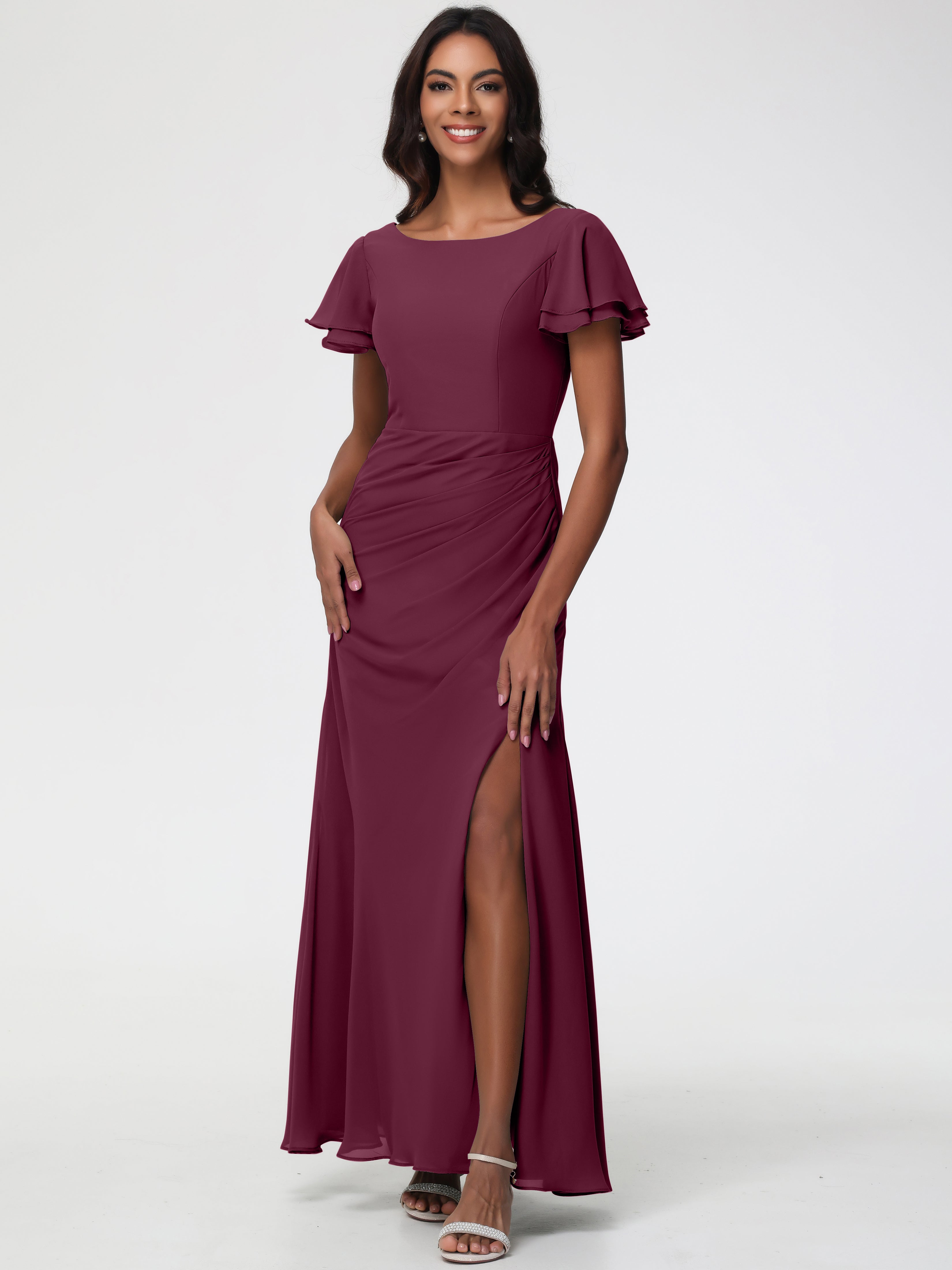 Mulberry Chiffon Bridesmaid Dress Chic Bateau Neckline Ruffle Short Sleeves Sheath/Column Chiffon Bridesmaid Dress with Slit Mulberry Chiffon Bridesmaid Dress Chic Bateau Neckline Ruffle Short Sleeves Sheath/Column Chiffon Bridesmaid Dress with Slit