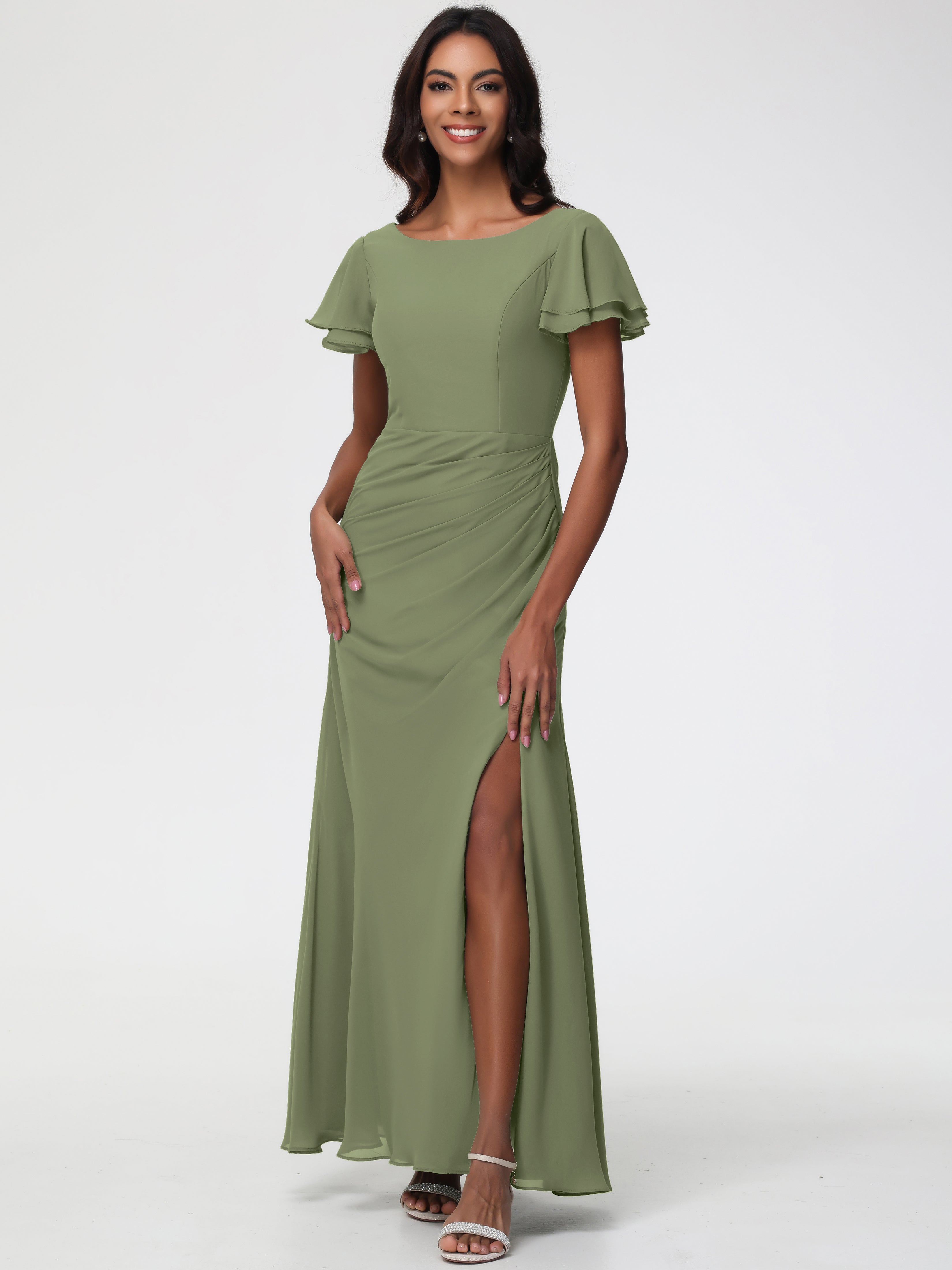 Olive Green Bridesmaid Dresses Chic Bateau Neckline Ruffle Short Sleeves Sheath/Column Chiffon Bridesmaid Dress with Slit Olive Green Bridesmaid Dresses Chic Bateau Neckline Ruffle Short Sleeves Sheath/Column Chiffon Bridesmaid Dress with Slit
