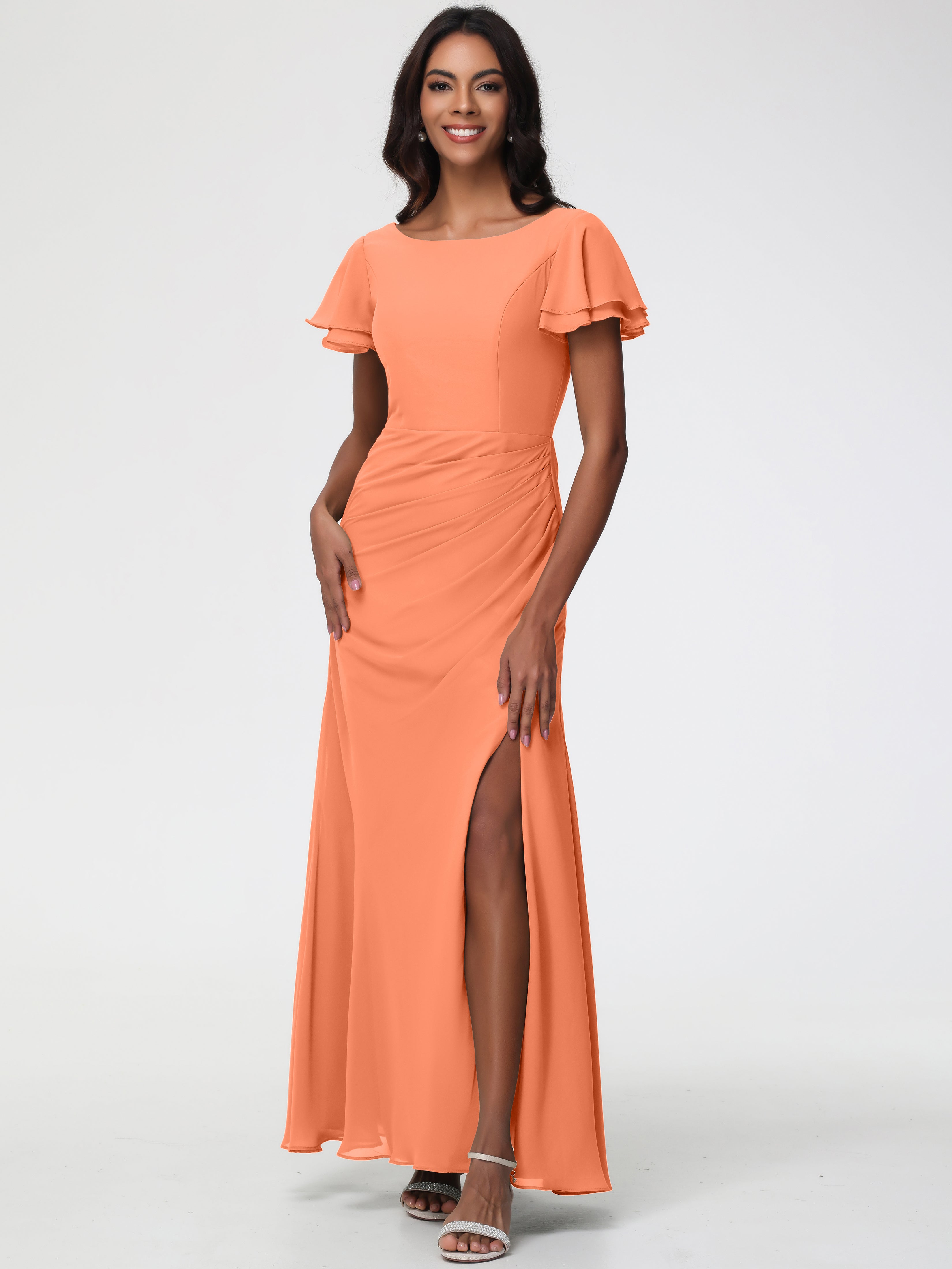 papaya bridesmaid dress Papaya Bridesmaid Dress A-Line V-Neck Spaghetti Straps Ruched Chiffon Bridesmaid Dresses With Slit