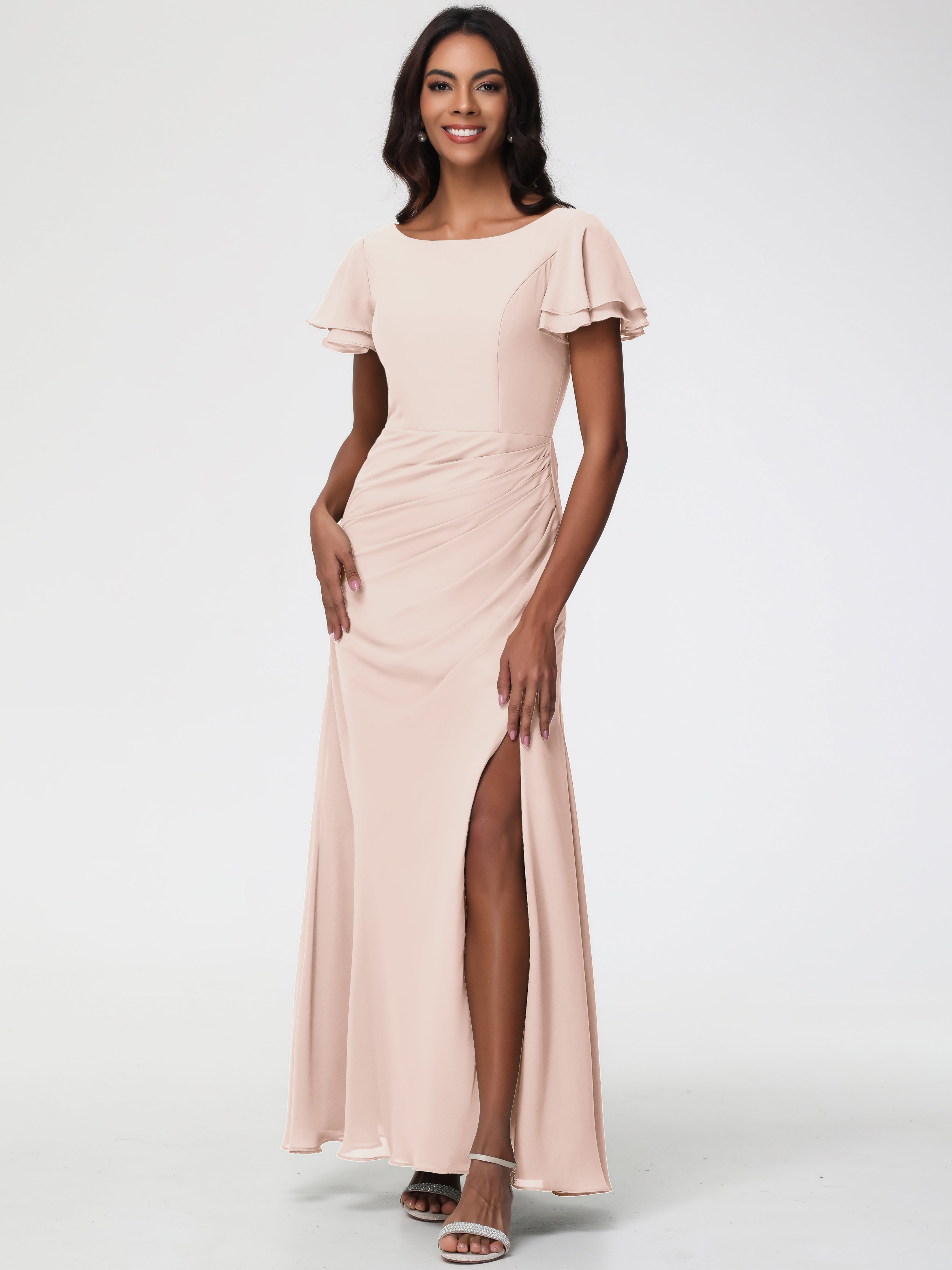 Pearl Bridesmaid Dresses Chic Bateau Neckline Ruffle Short Sleeves Sheath/Column Chiffon Bridesmaid Dress with Slit Pearl Bridesmaid Dresses Chic Bateau Neckline Ruffle Short Sleeves Sheath/Column Chiffon Bridesmaid Dress with Slit