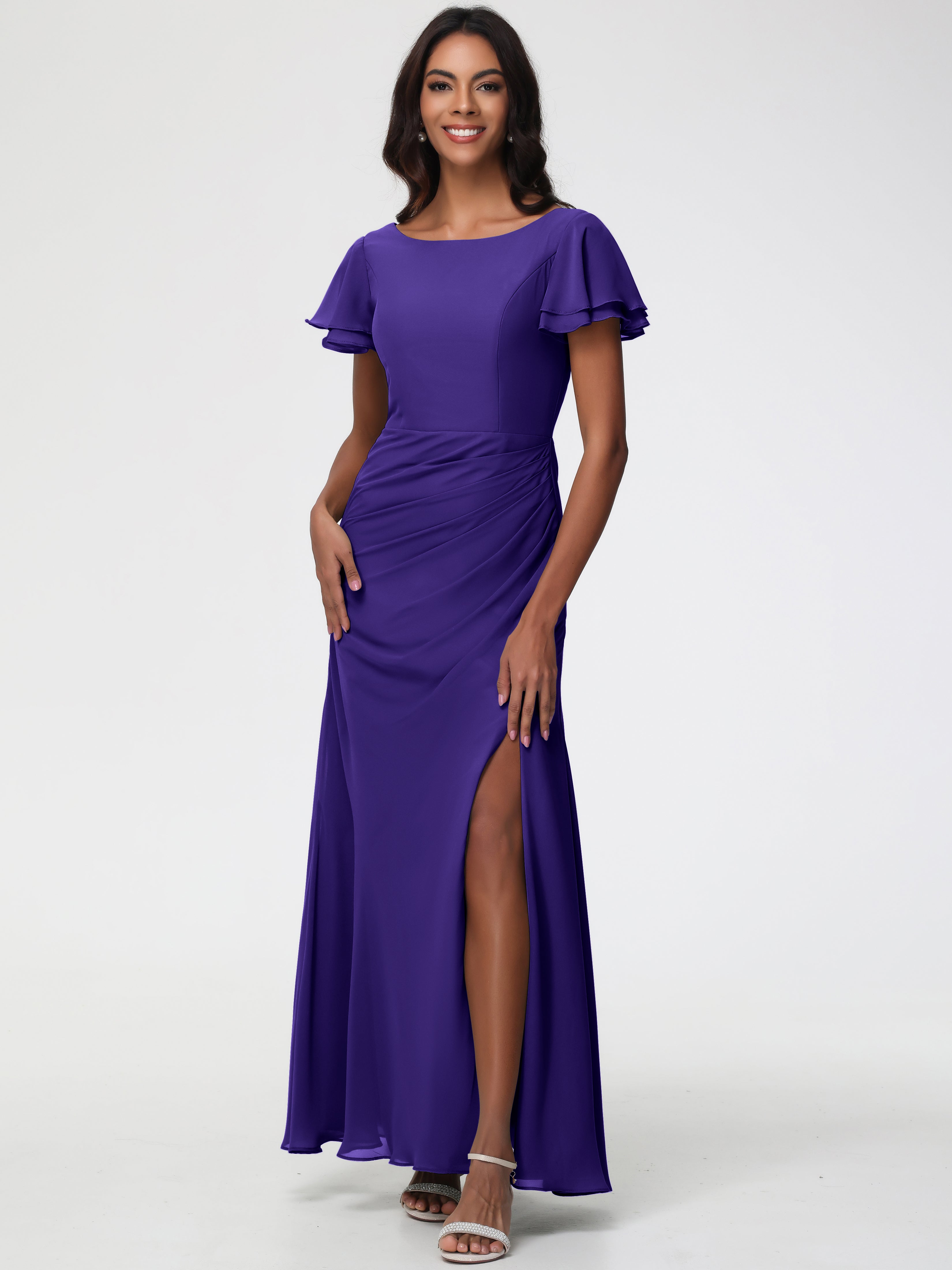 Bridesmaid Dresses Regency Purple Chic Bateau Neckline Ruffle Short Sleeves Sheath/Column Chiffon Bridesmaid Dress with Slit Bridesmaid Dresses Regency Purple Chic Bateau Neckline Ruffle Short Sleeves Sheath/Column Chiffon Bridesmaid Dress with Slit