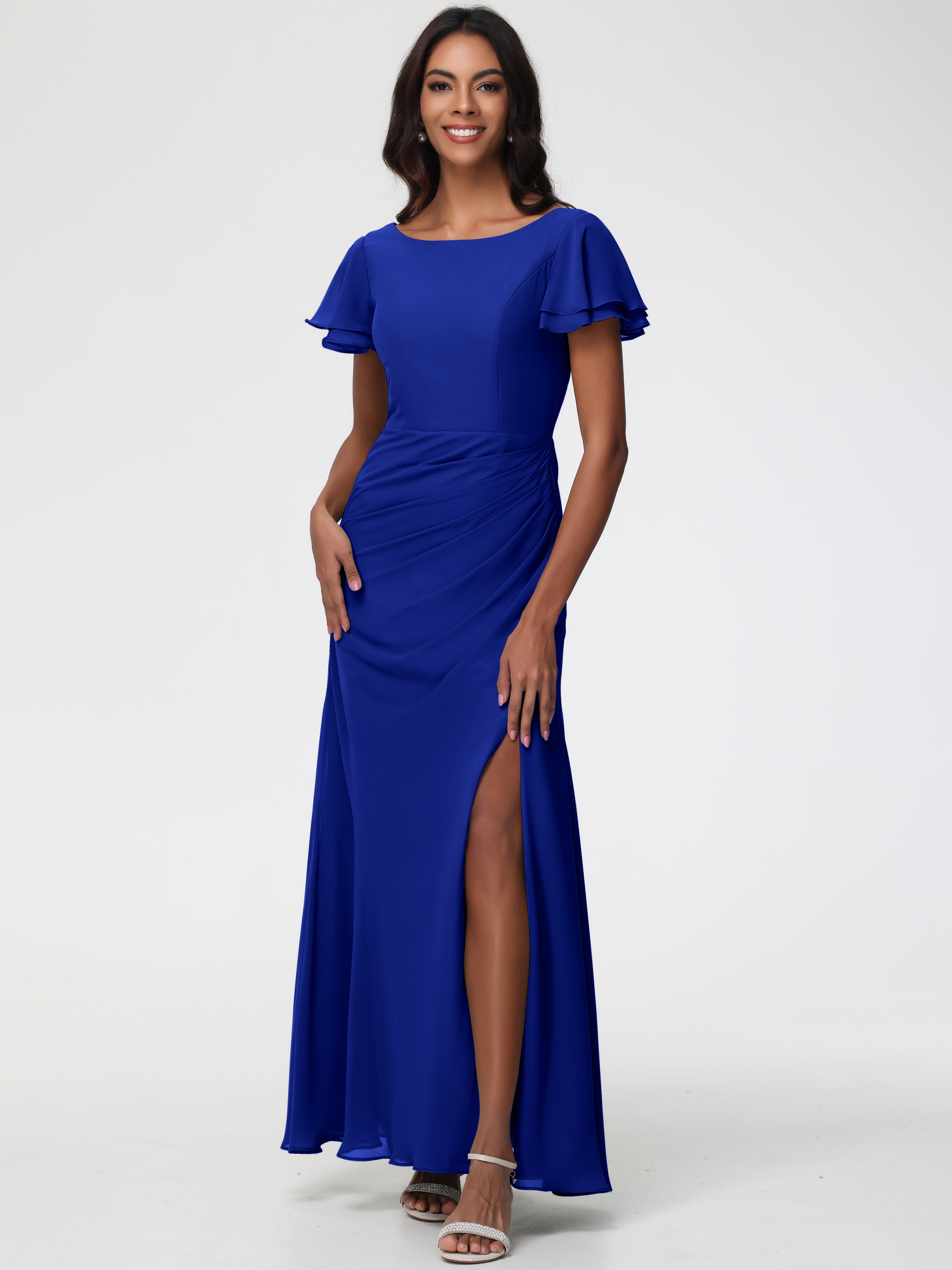 Royal Blue Bridesmaid Dresses Chic Bateau Neckline Ruffle Short Sleeves Sheath/Column Chiffon Bridesmaid Dress with Slit Royal Blue Bridesmaid Dresses Chic Bateau Neckline Ruffle Short Sleeves Sheath/Column Chiffon Bridesmaid Dress with Slit