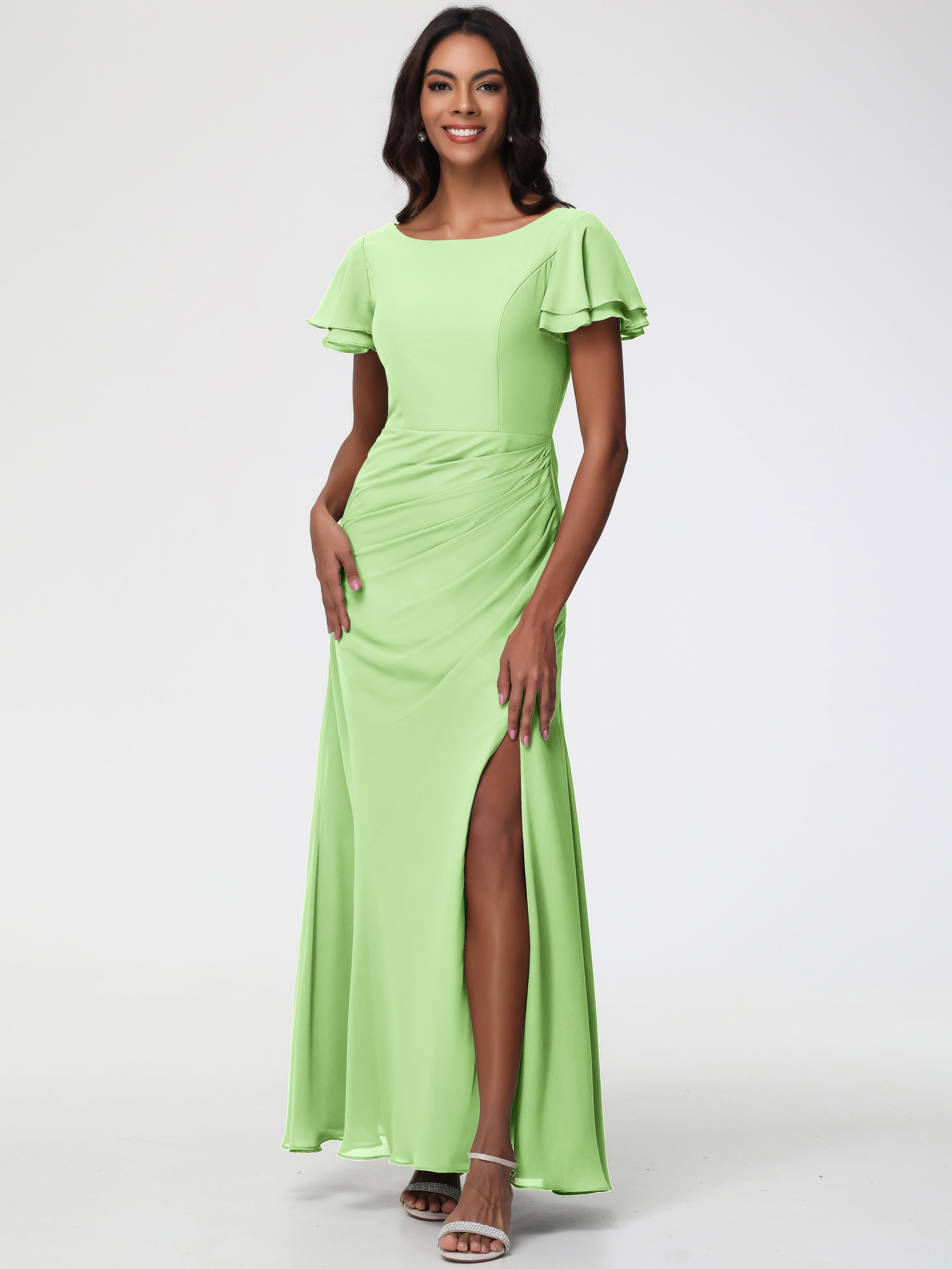 sage bridesmaid dresses short Wedding Dusty Sage Green Bridesmaid Dresses Short Sleeves Trumpet/Mermaid Zipper Split Long Stretch Satin Bridesmaid Dresses