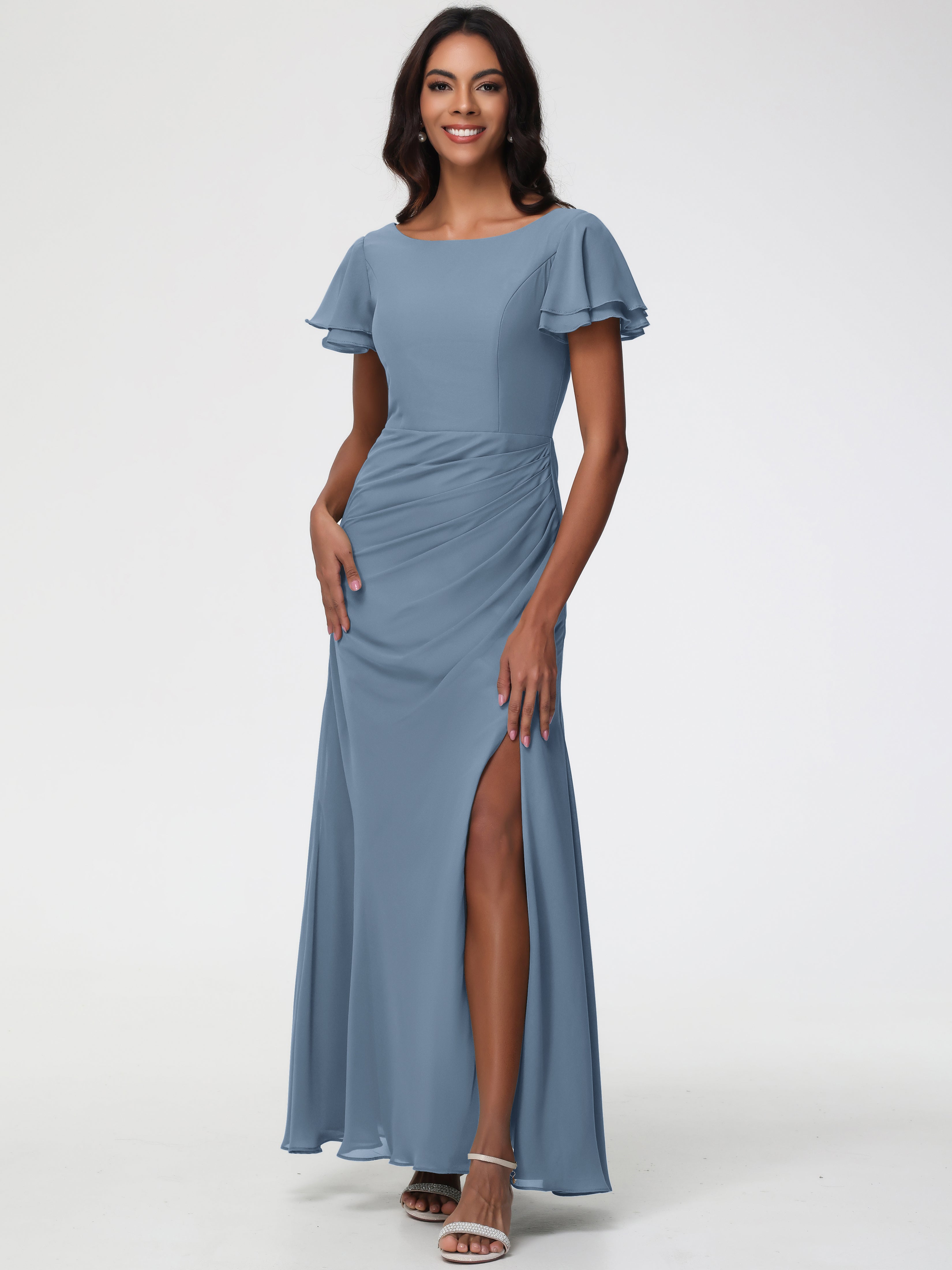 Slate Blue Bridesmaid Dresses Chic Bateau Neckline Ruffle Short Sleeves Sheath/Column Chiffon Bridesmaid Dress with Slit Slate Blue Bridesmaid Dresses Chic Bateau Neckline Ruffle Short Sleeves Sheath/Column Chiffon Bridesmaid Dress with Slit