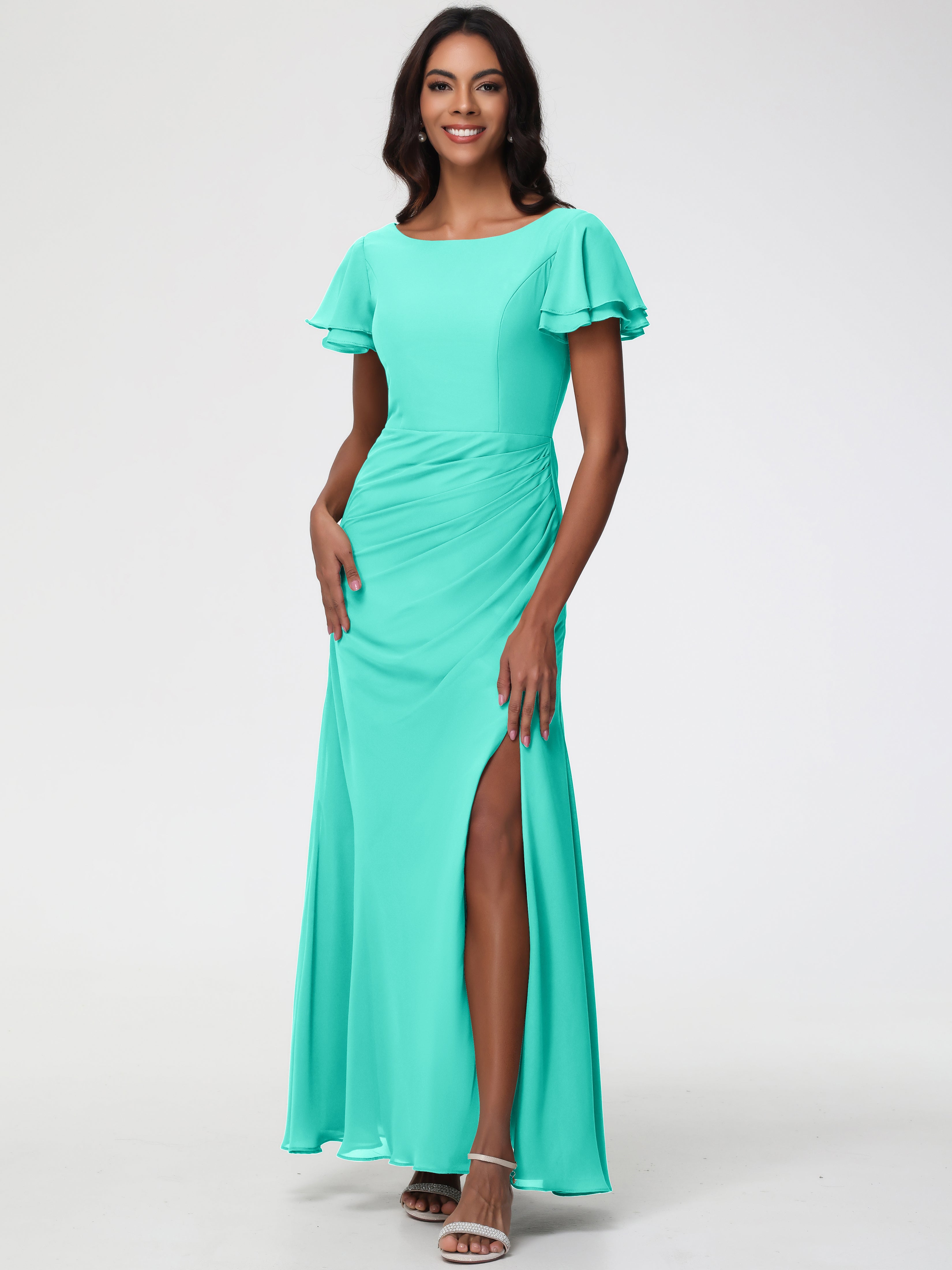 Spa Color Bridesmaid Dresses Chic Bateau Neckline Ruffle Short Sleeves Sheath/Column Chiffon Bridesmaid Dress with Slit Spa Color Bridesmaid Dresses Chic Bateau Neckline Ruffle Short Sleeves Sheath/Column Chiffon Bridesmaid Dress with Slit