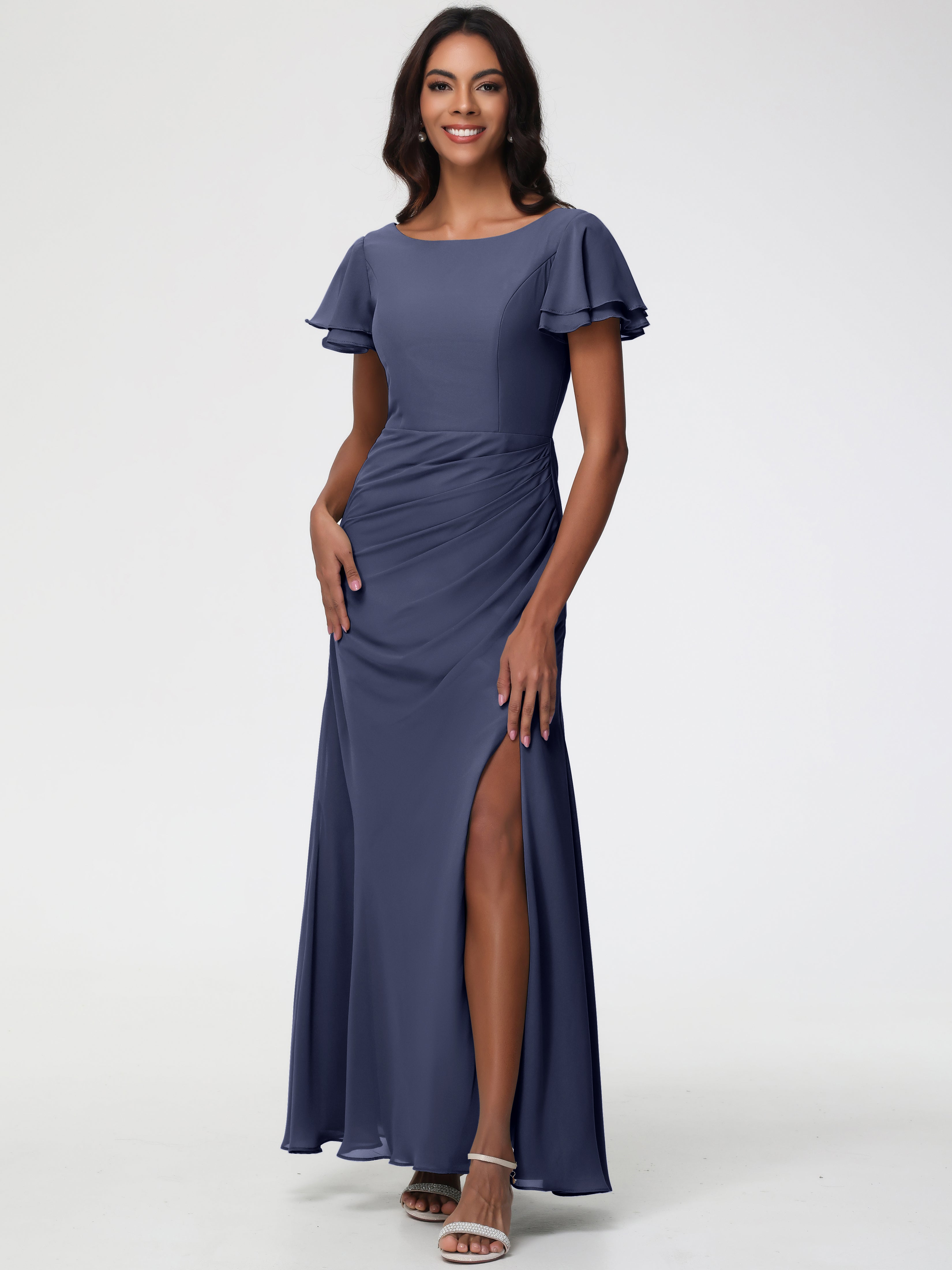 Stormy Bridesmaid Dresses Chic Bateau Neckline Ruffle Short Sleeves Sheath/Column Chiffon Bridesmaid Dress with Slit Stormy Bridesmaid Dresses Chic Bateau Neckline Ruffle Short Sleeves Sheath/Column Chiffon Bridesmaid Dress with Slit