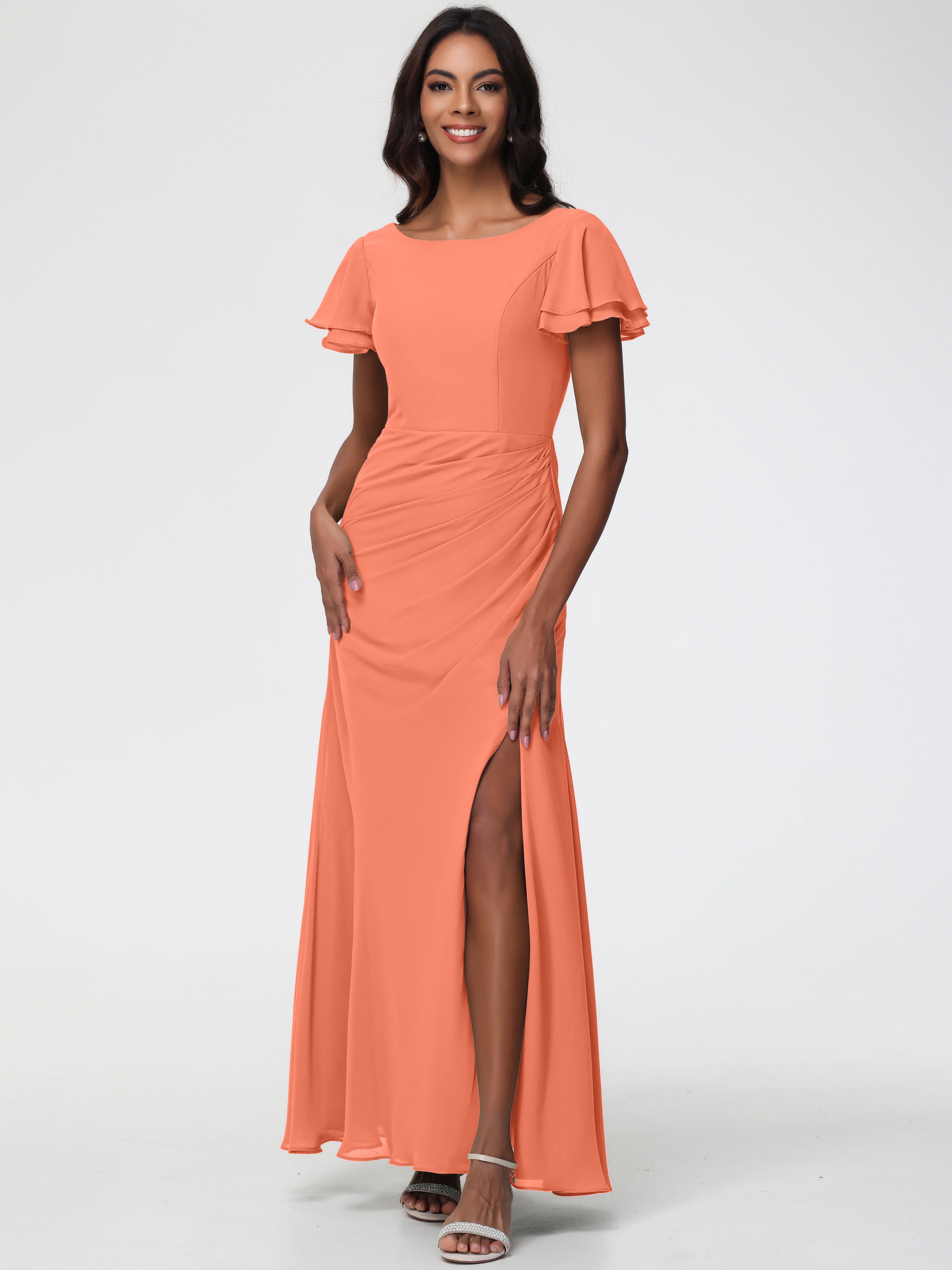 Sunset Color Bridesmaid Dresses Chic Bateau Neckline Ruffle Short Sleeves Sheath/Column Chiffon Bridesmaid Dress with Slit Sunset Color Bridesmaid Dresses Chic Bateau Neckline Ruffle Short Sleeves Sheath/Column Chiffon Bridesmaid Dress with Slit