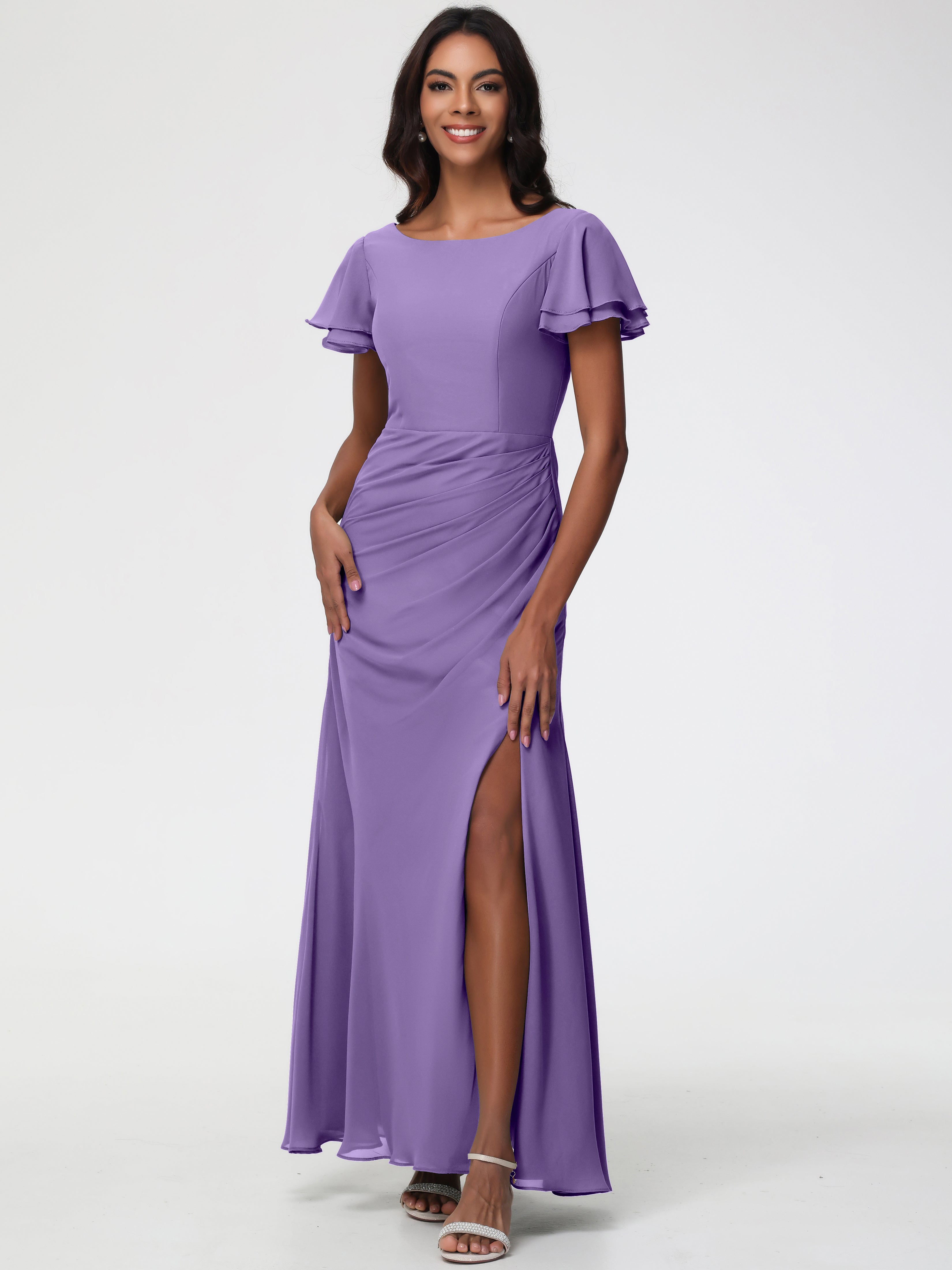 Tahiti Purple Bridesmaid Dresses Chic Bateau Neckline Ruffle Short Sleeves Sheath/Column Chiffon Bridesmaid Dress with Slit Tahiti Purple Bridesmaid Dresses Chic Bateau Neckline Ruffle Short Sleeves Sheath/Column Chiffon Bridesmaid Dress with Slit