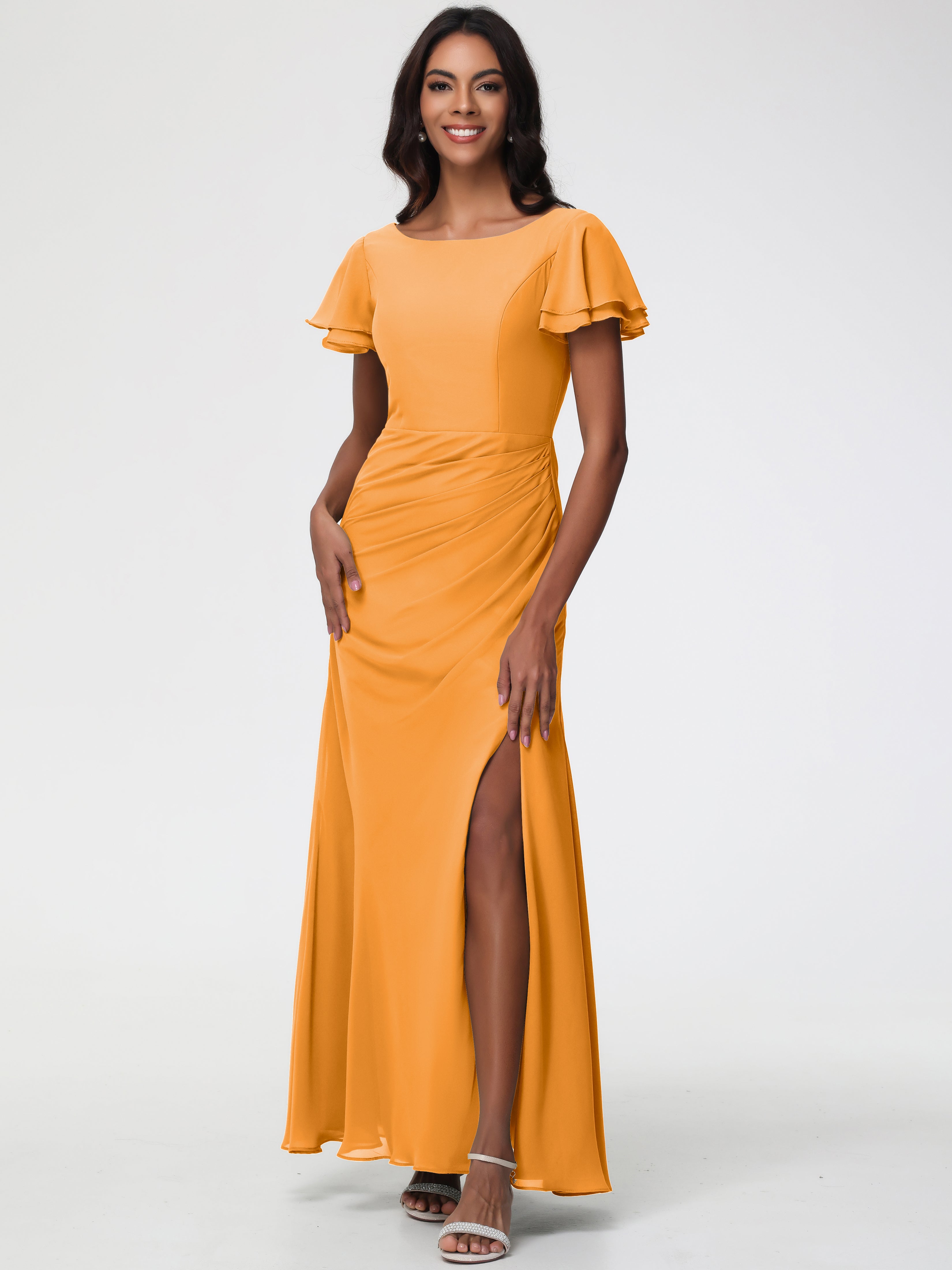 tangerine dresses bridesmaid Tangerine Bridesmaid Dress Chic Bateau Neckline Ruffle Short Sleeves Sheath/Column Chiffon Bridesmaid Dress with Slit