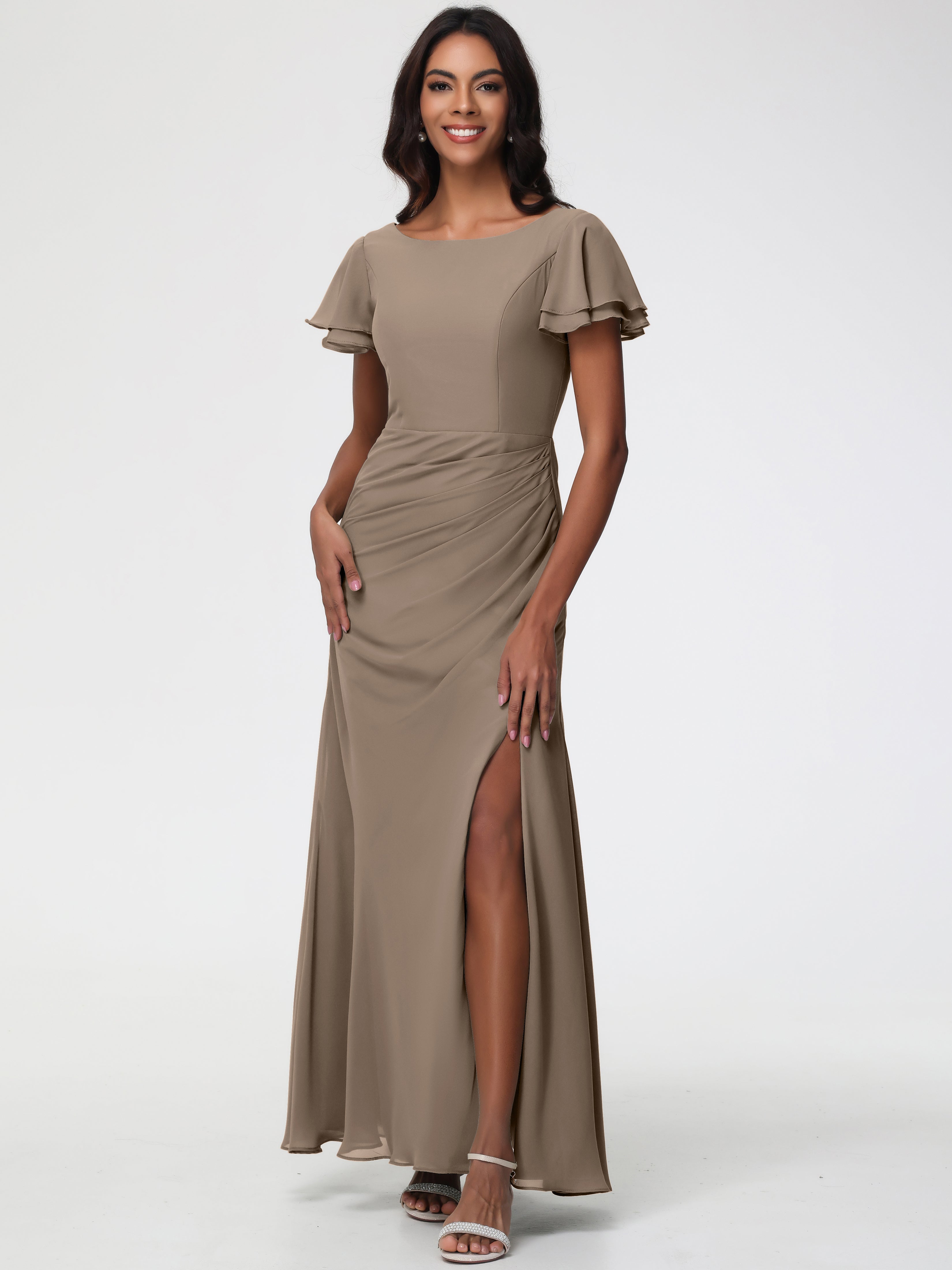 Taupe Bridesmaid Dress Chic Bateau Neckline Ruffle Short Sleeves Sheath/Column Chiffon Bridesmaid Dress with Slit Taupe Bridesmaid Dress Chic Bateau Neckline Ruffle Short Sleeves Sheath/Column Chiffon Bridesmaid Dress with Slit