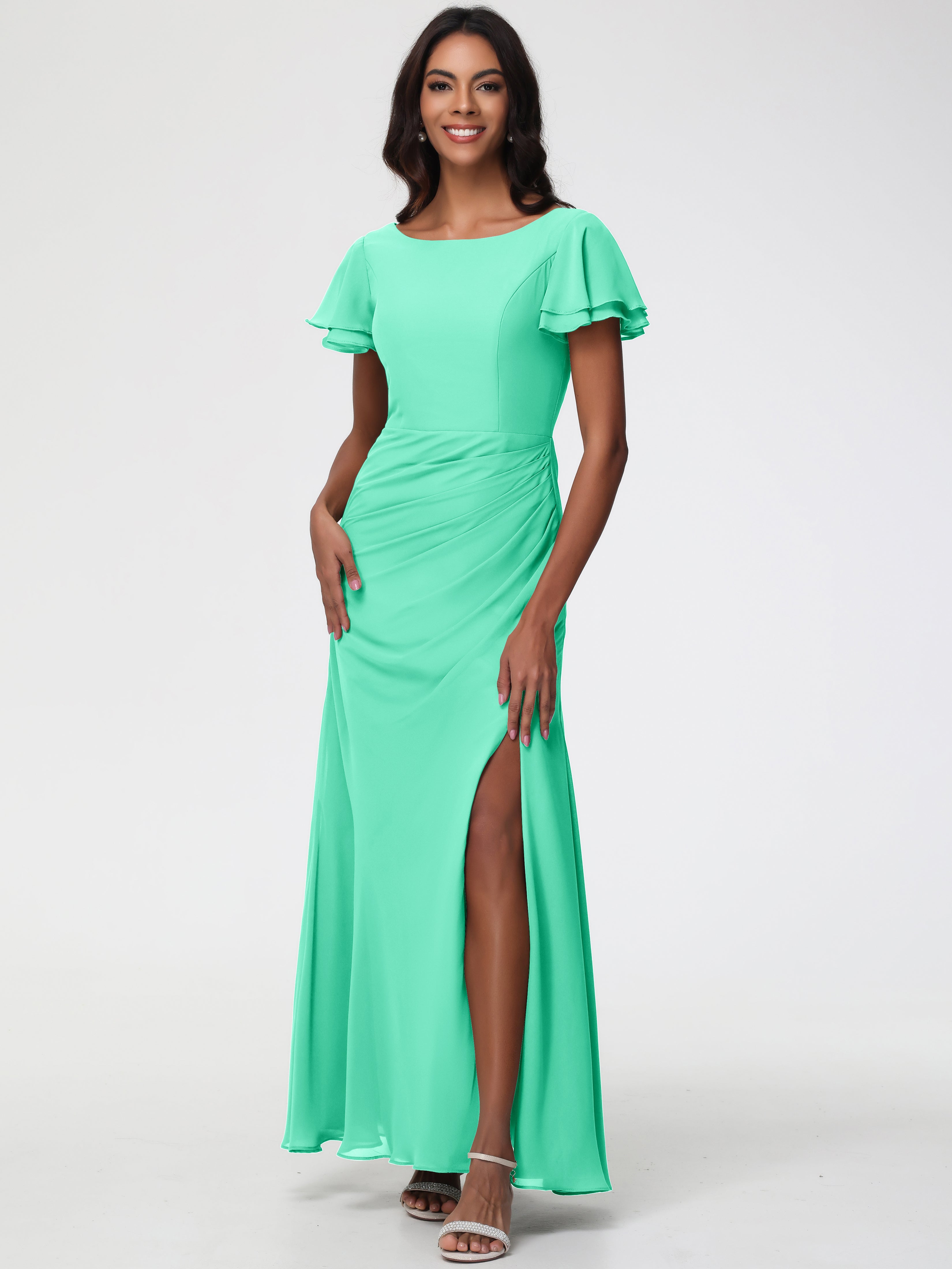Turquoise Bridesmaid Dresses Chic Bateau Neckline Ruffle Short Sleeves Sheath/Column Chiffon Bridesmaid Dress with Slit Turquoise Bridesmaid Dresses Chic Bateau Neckline Ruffle Short Sleeves Sheath/Column Chiffon Bridesmaid Dress with Slit