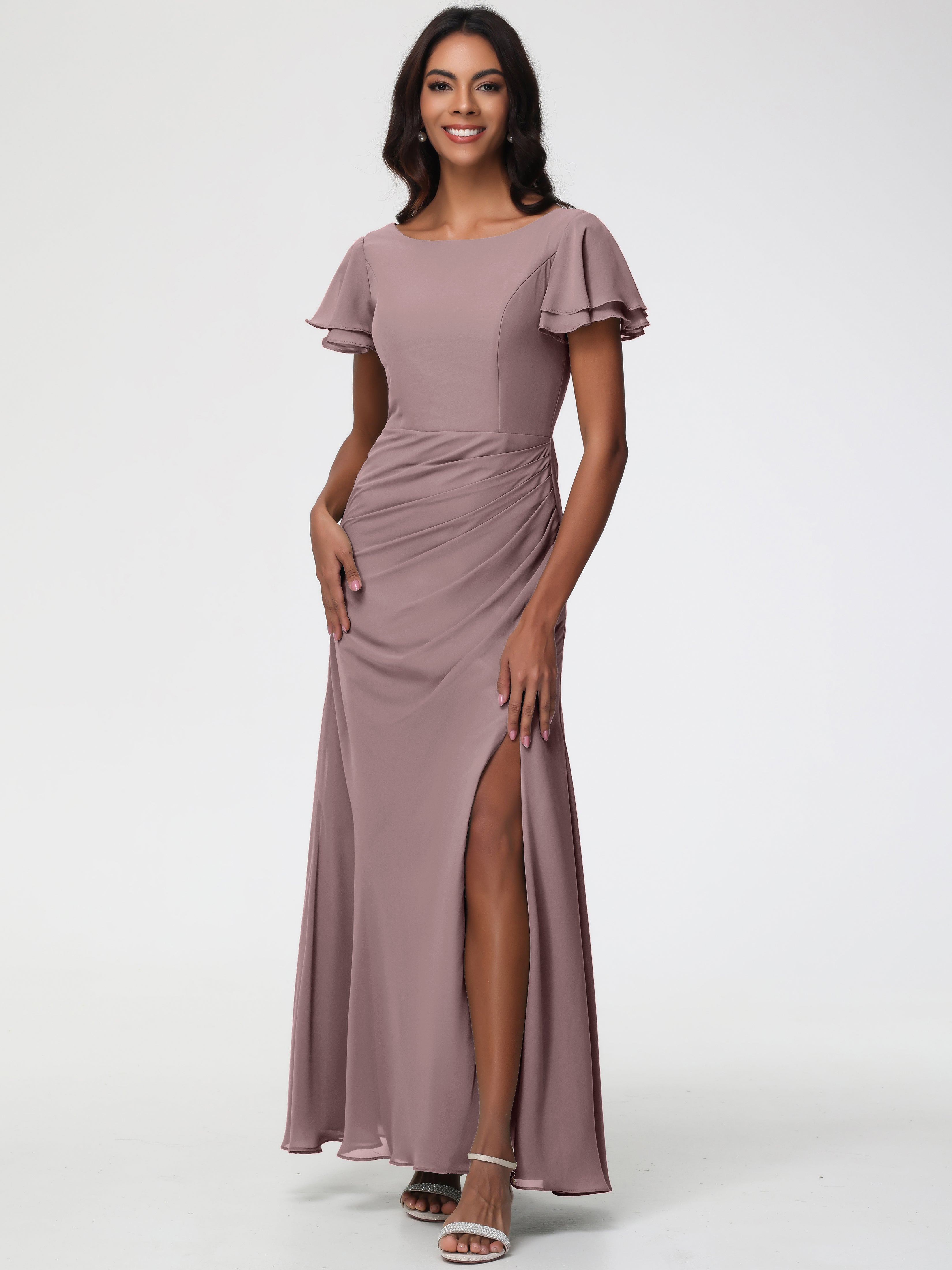 Vintage Mauve Bridesmaid Dresses Chic Bateau Neckline Ruffle Short Sleeves Sheath/Column Chiffon Bridesmaid Dress with Slit Vintage Mauve Bridesmaid Dresses Chic Bateau Neckline Ruffle Short Sleeves Sheath/Column Chiffon Bridesmaid Dress with Slit
