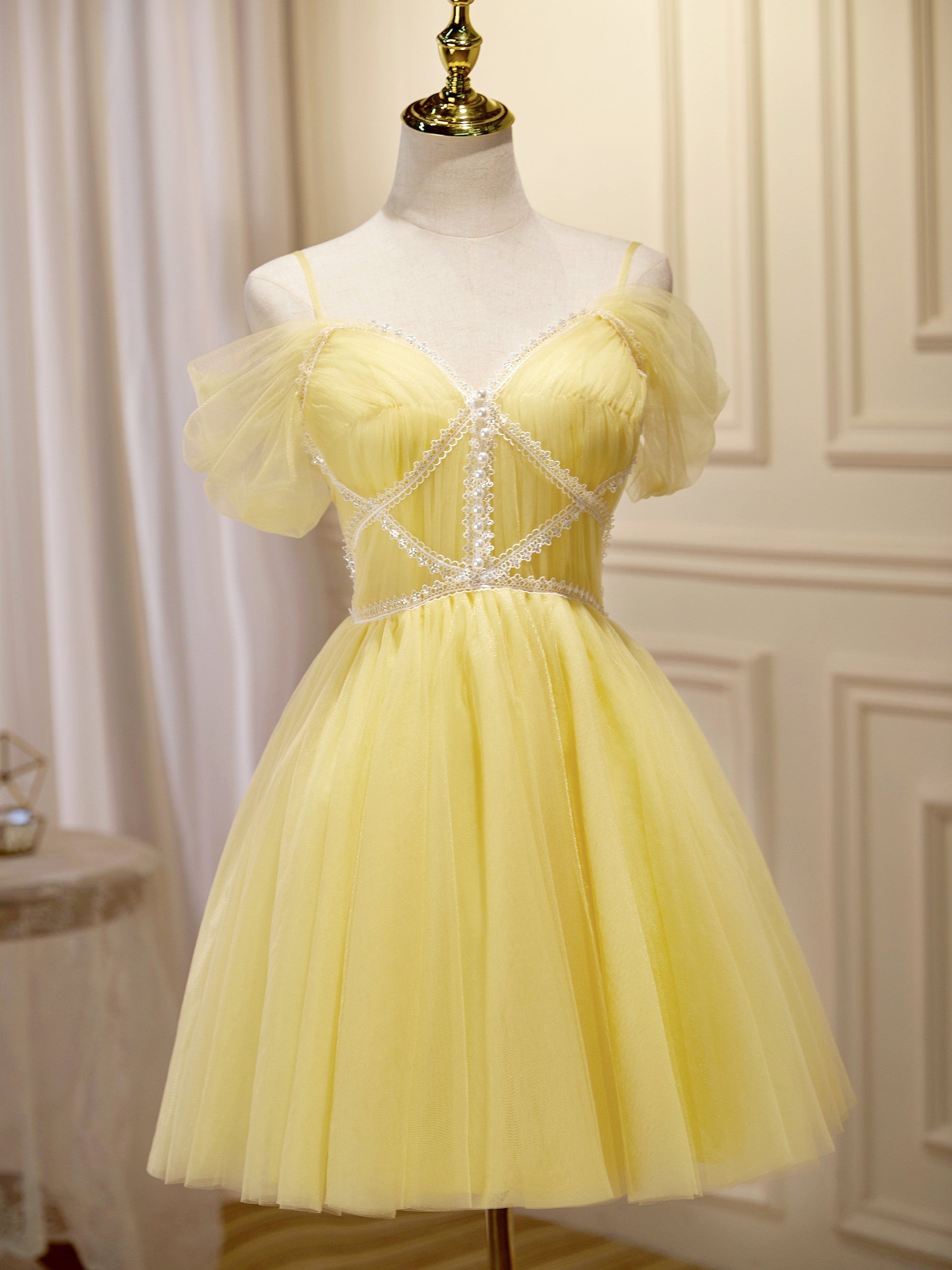 Cute Yellow Spaghetti Straps Off The Shoulder Tulle Short Homecoming D Cute Yellow Spaghetti Straps Off The Shoulder Tulle Short Homecoming D