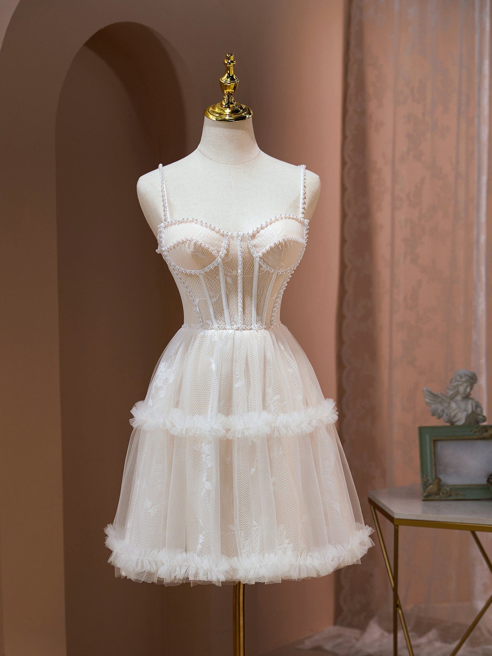Pink Spaghetti Straps Beading Tulle Homecoming Dresses Pink Spaghetti Straps Beading Tulle Homecoming Dresses