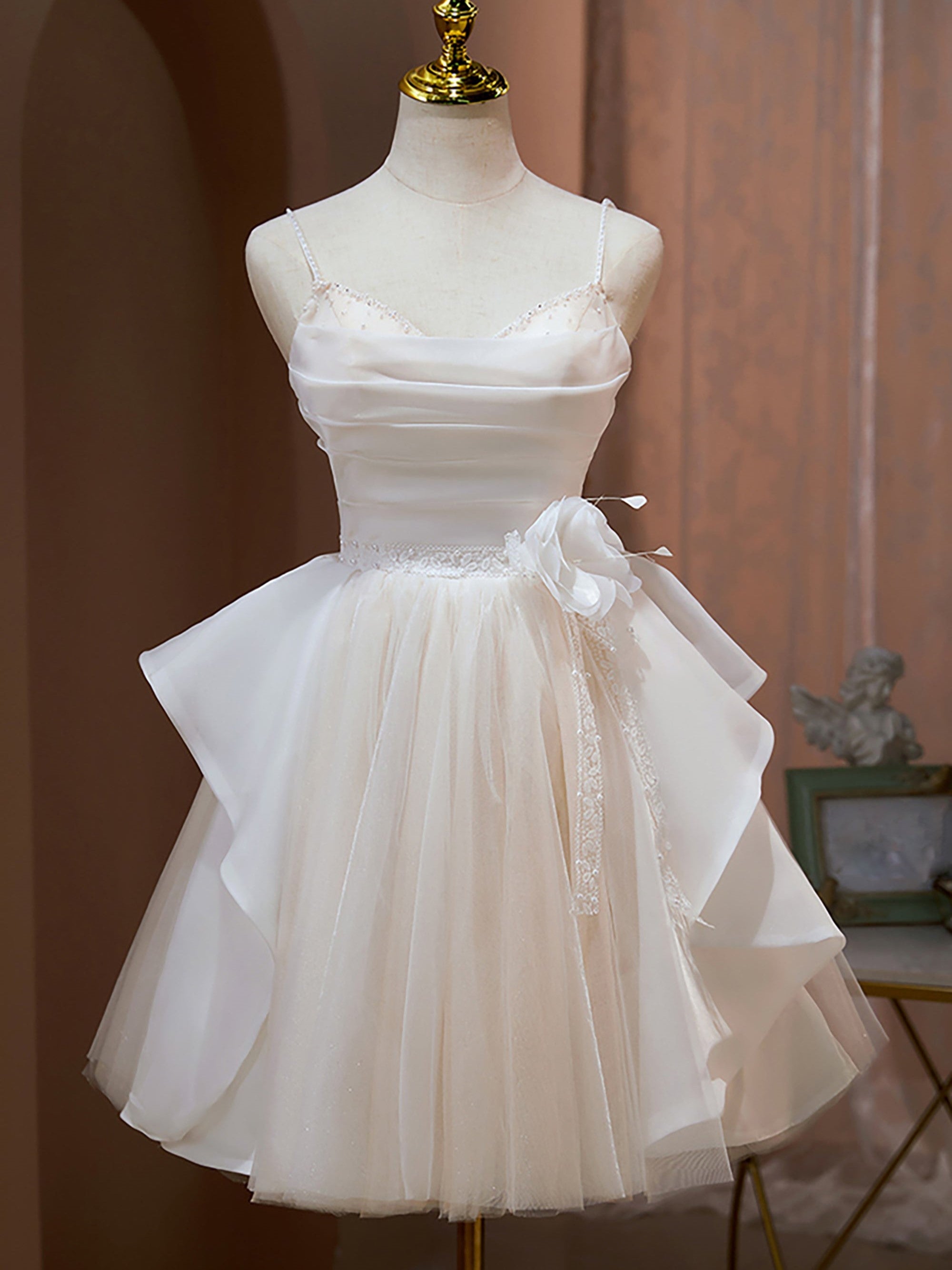 Cute Spaghetti Straps A Line Beading Tulle Short Homecoming Dresses Cute Spaghetti Straps A Line Beading Tulle Short Homecoming Dresses