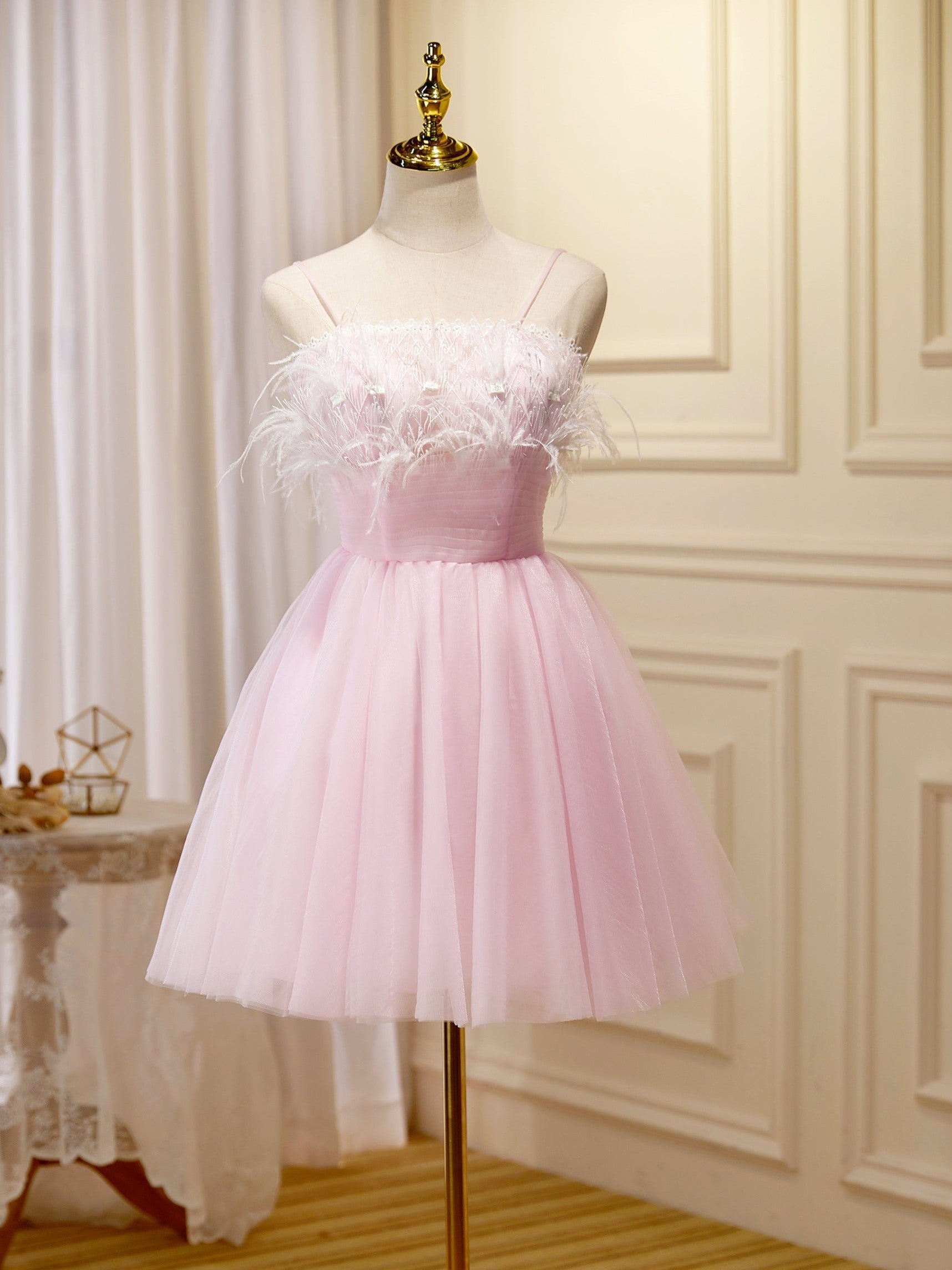 Pink Feather Spaghetti Straps Tulle Short Homecoming Dresses Pink Feather Spaghetti Straps Tulle Short Homecoming Dresses