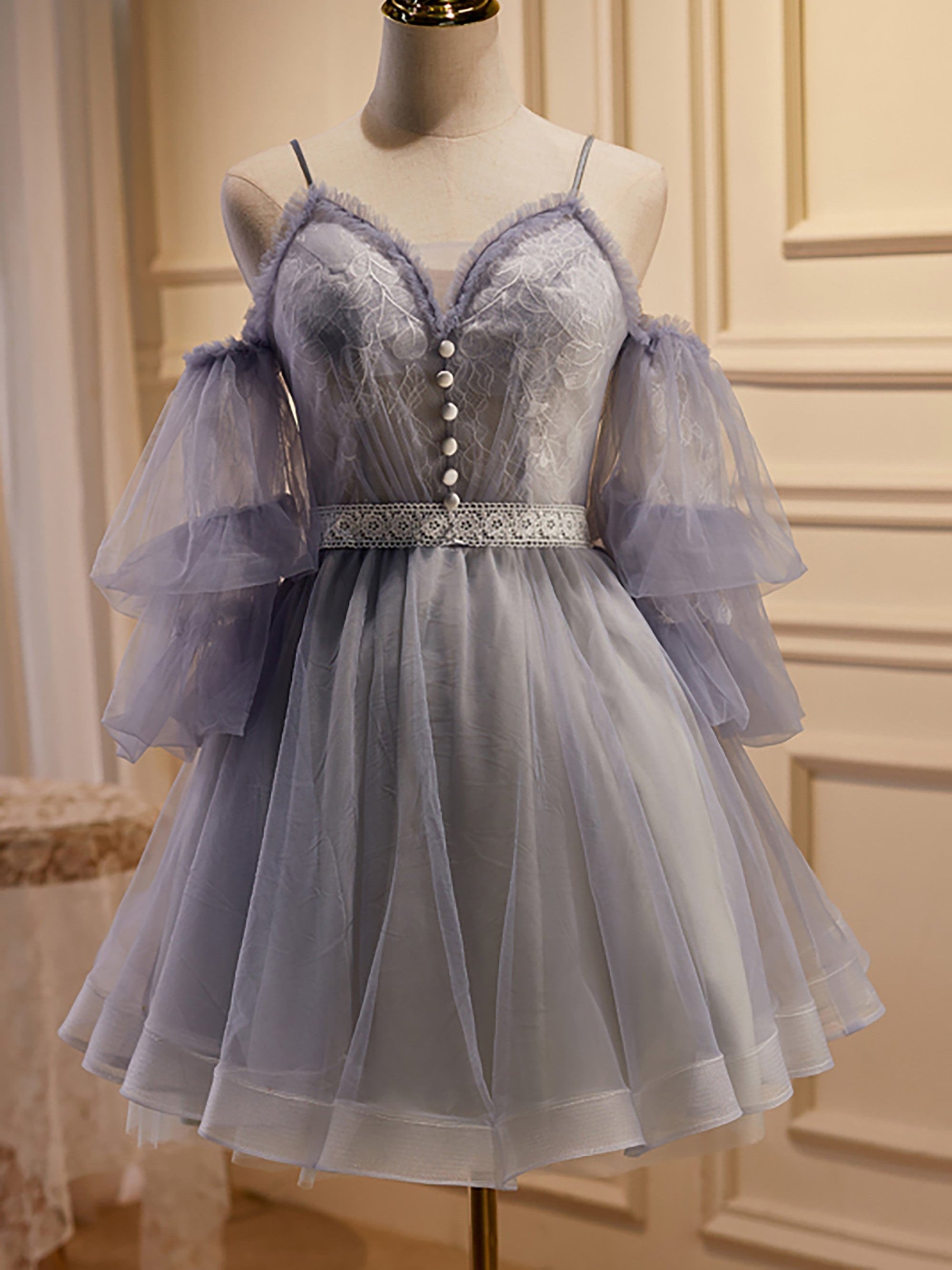 Spaghetti Straps V Neck A Line Tulle Short Homecoming Dresses Spaghetti Straps V Neck A Line Tulle Short Homecoming Dresses
