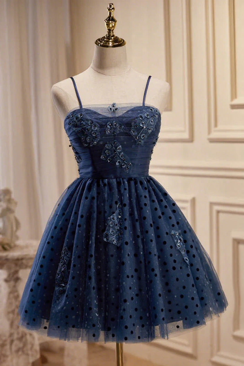 short homecoming dresses with straps Off The Shoulder Beading Homecoming Dress Tulle Short Prom Dress US12 / Blue