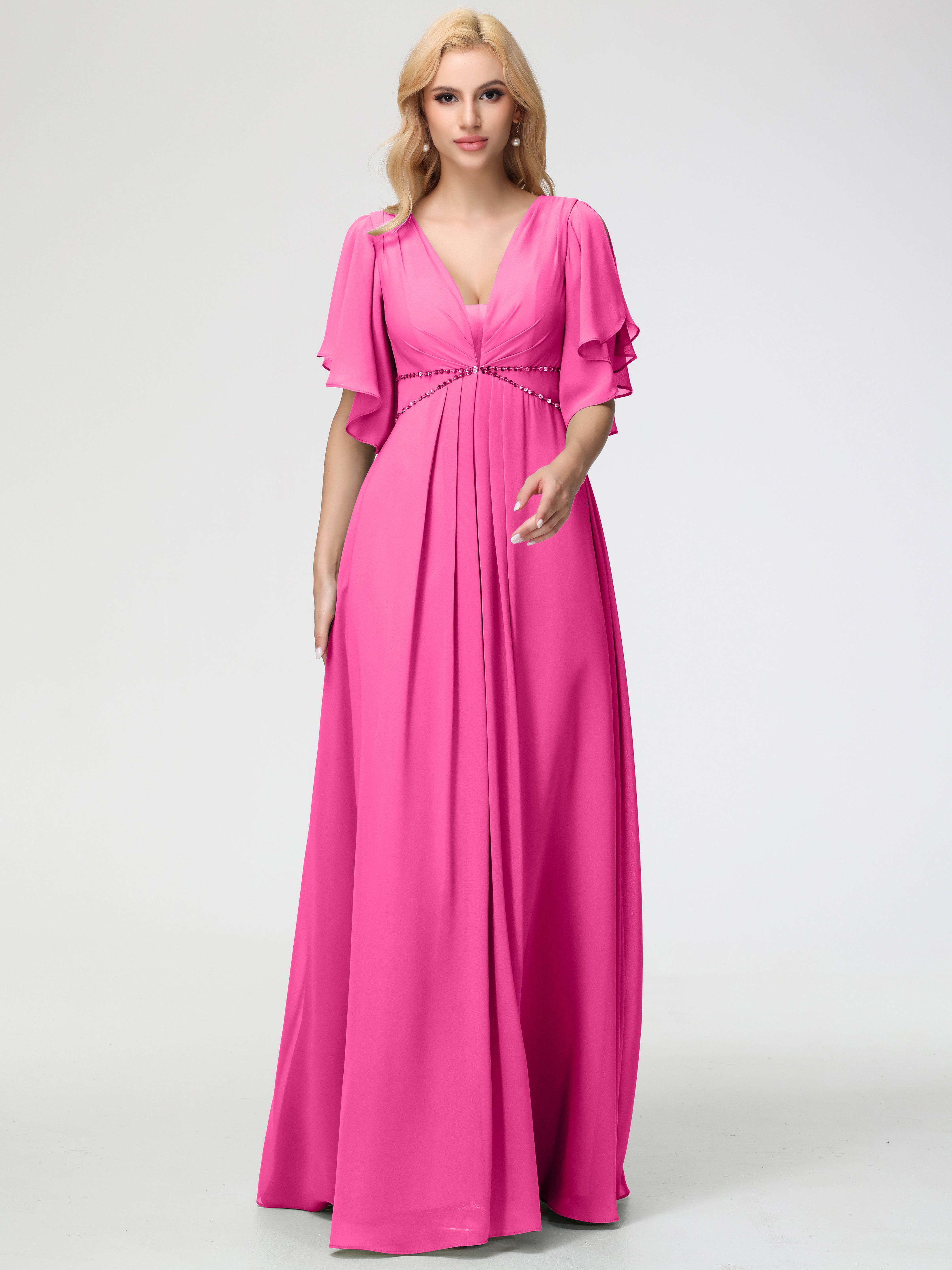 empire waist bridesmaid dress with sleeves Romantic Long Lantern Sleeves Split Tulle Bridesmaid Dresses with Chai