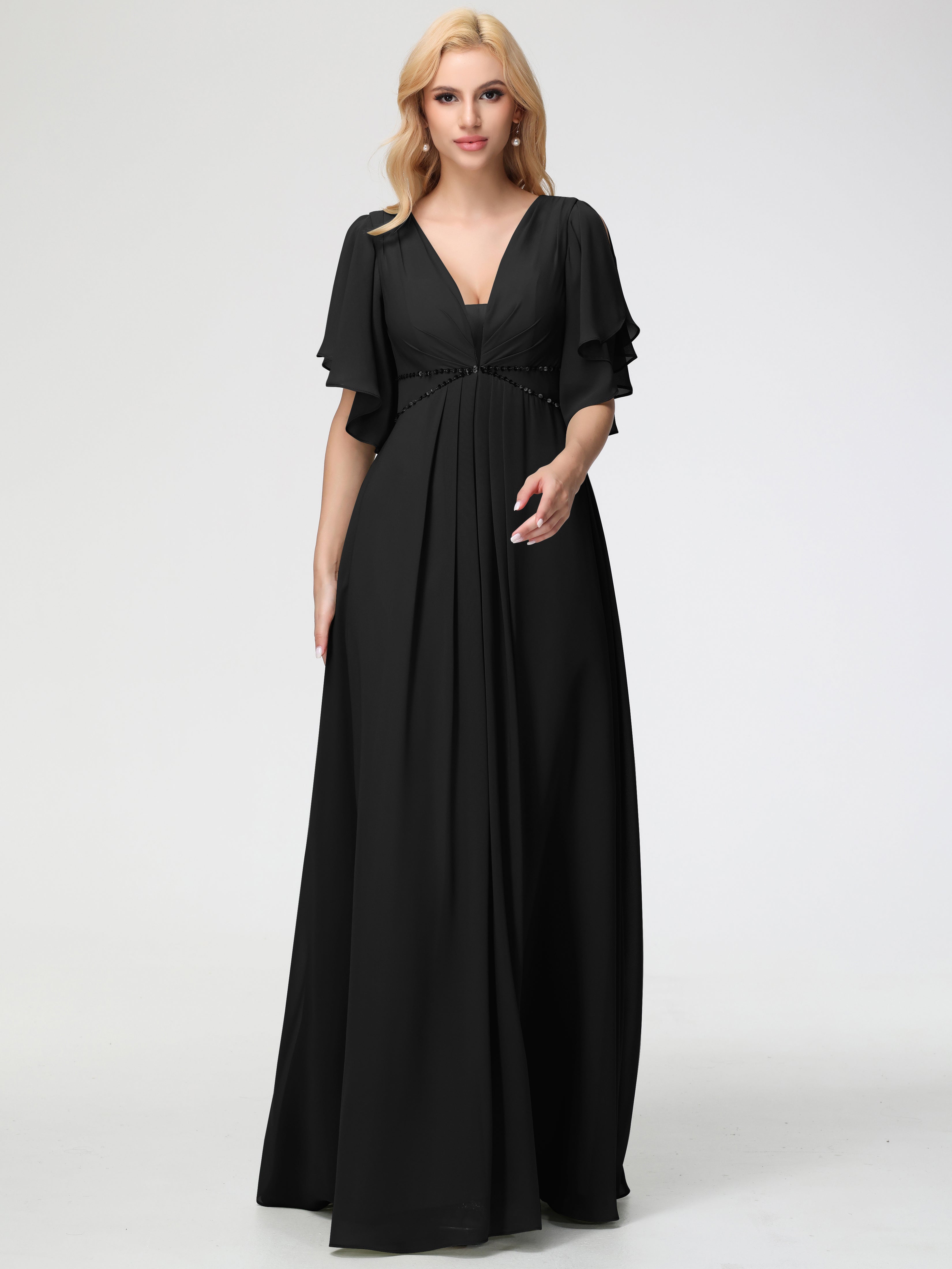 Black Bridesmaid Dresses A-Line Short Sleeves V Neck Sequined Empire Waist Long Chiffon Bridesmaid Dresses Black Bridesmaid Dresses A-Line Short Sleeves V Neck Sequined Empire Waist Long Chiffon Bridesmaid Dresses