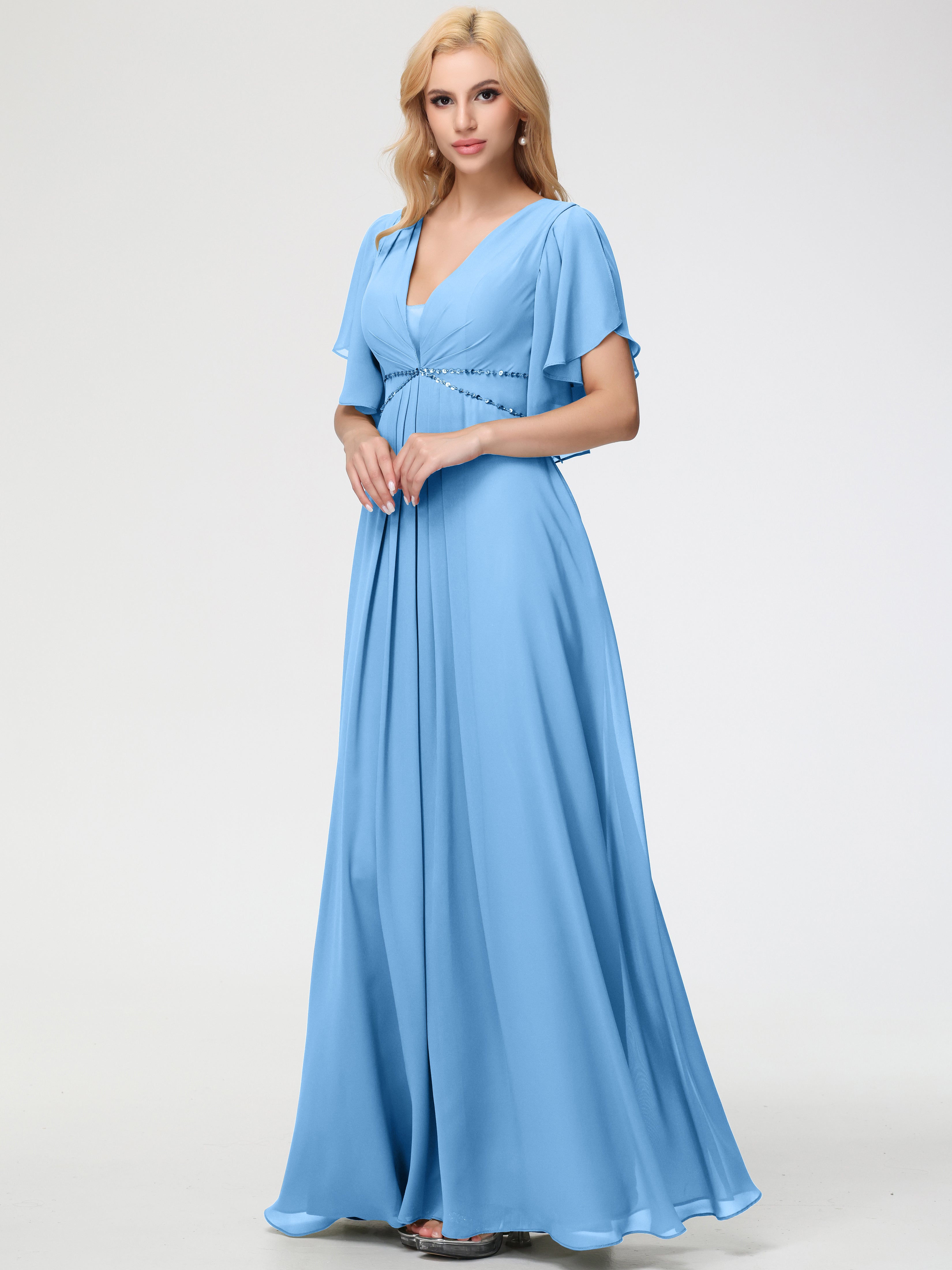 Blue Bridesmaid Dresses A-Line Short Sleeves V Neck Sequined Empire Waist Long Chiffon Bridesmaid Dresses