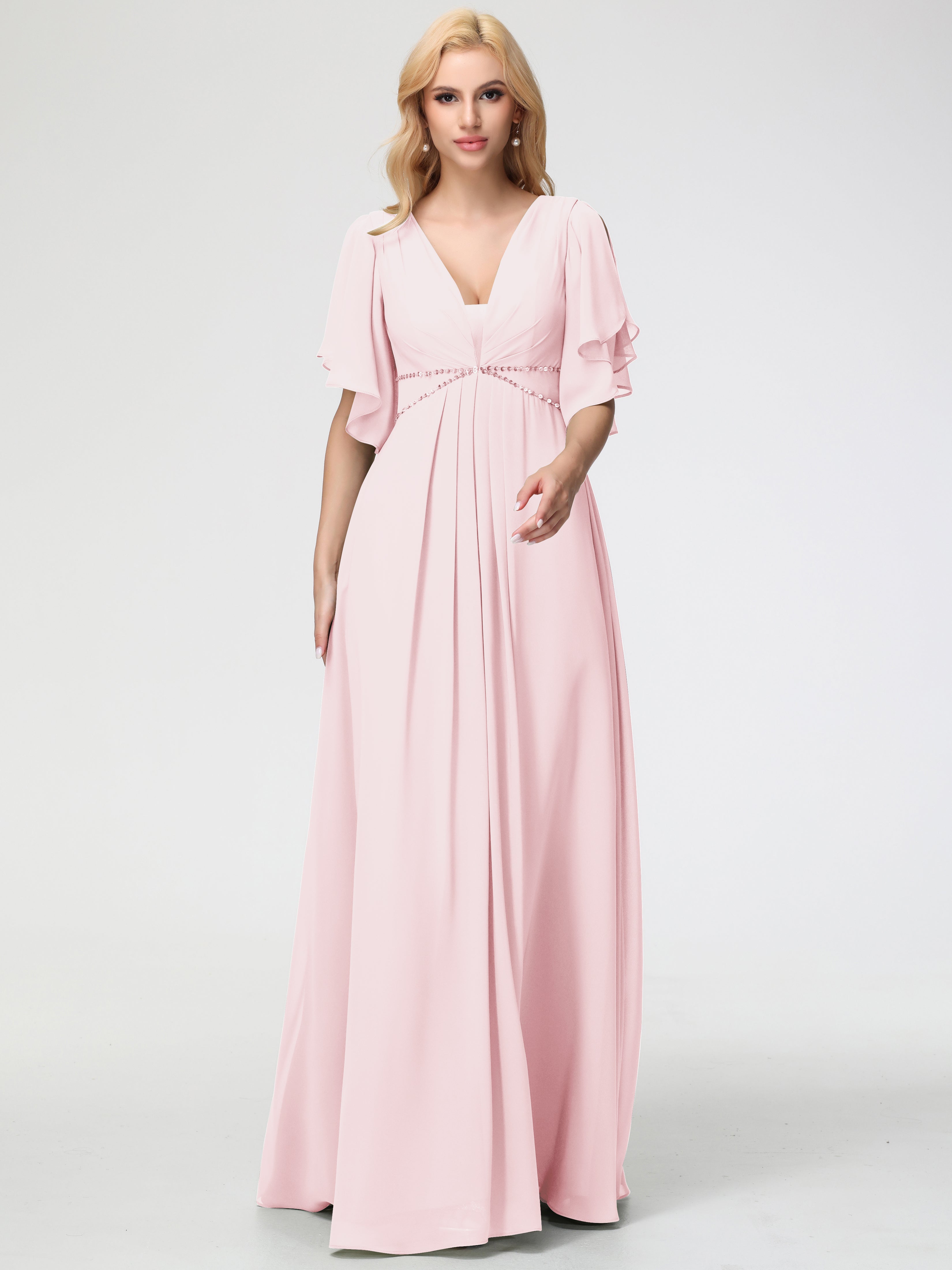 Bridesmaid Blush Pink Dresses A-Line Short Sleeves V Neck Sequined Emp Bridesmaid Blush Pink Dresses A-Line Short Sleeves V Neck Sequined Emp