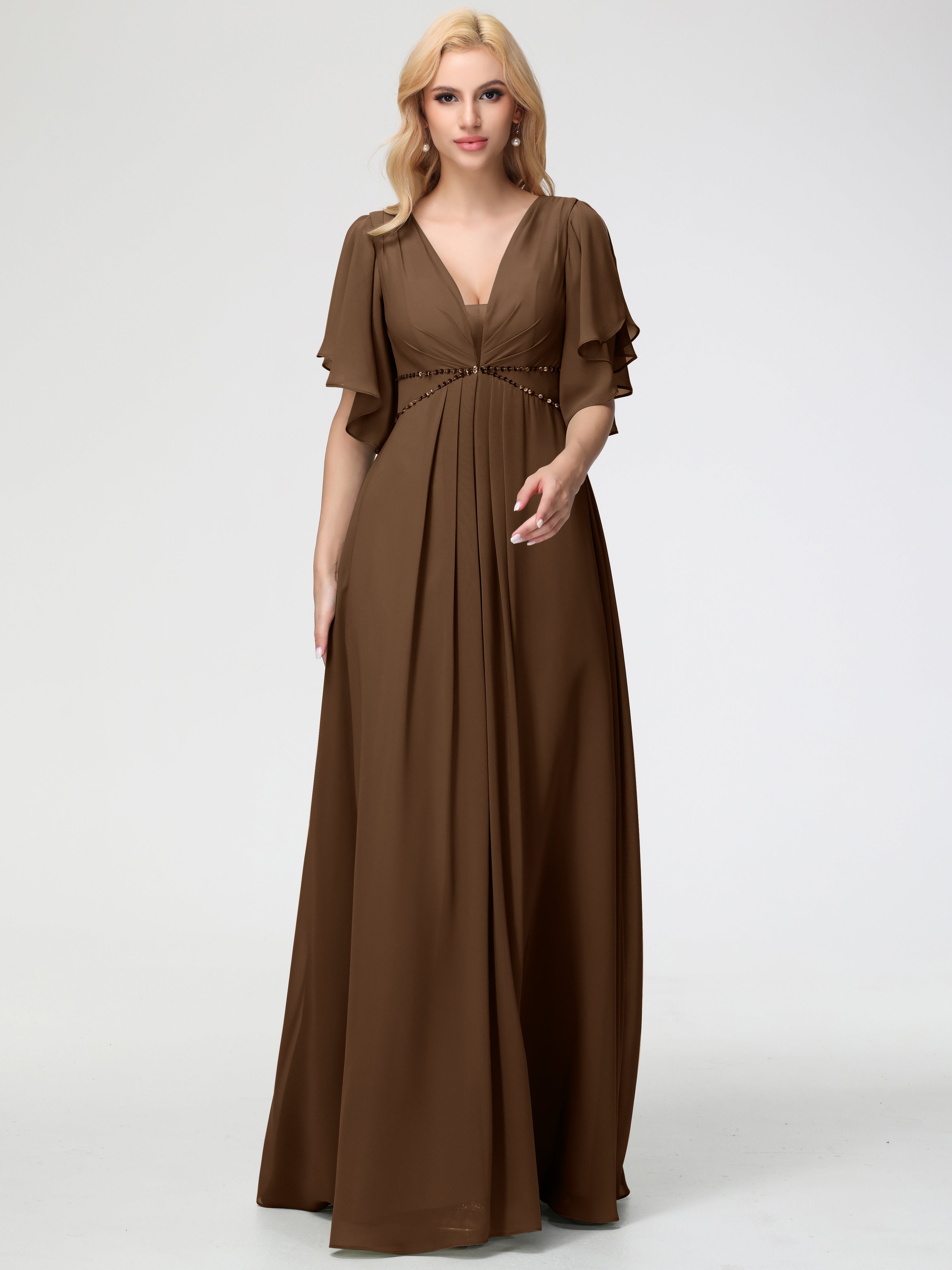 short brown bridesmaid dresses AW.Bridal A-line Sweetheart Neckline Floor Length Puff Sleeves Short Sleeves Satin Pleat Long Bridesmaid Dresses Dress Seal Brown Size 6