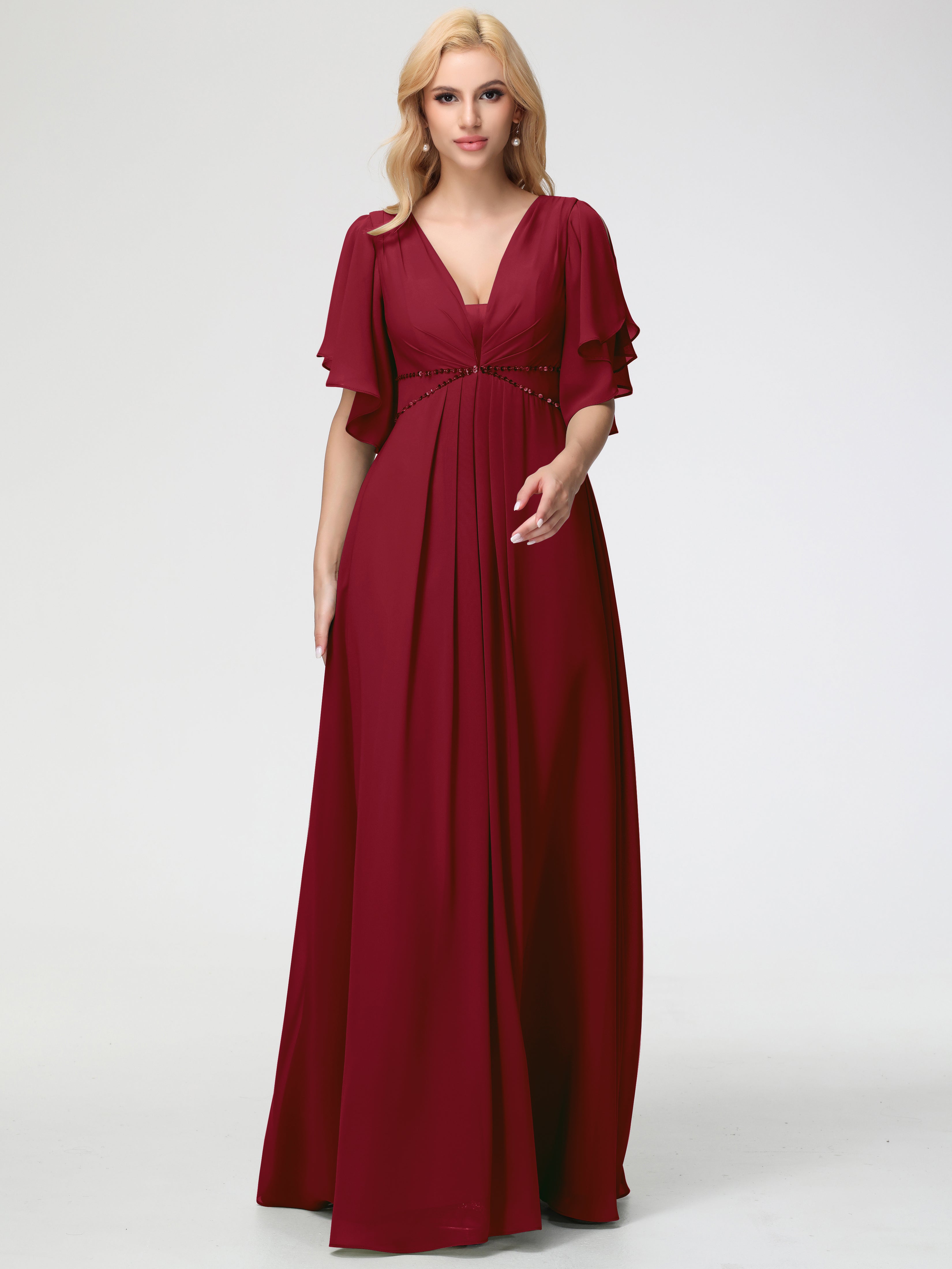 burgundy bridesmaid dresses plus size Burgundy Bridesmaid Dresses With Sleeves A-Line Short Sleeves V Neck Sequined Empire Waist Long Chiffon Bridesmaid Dresses