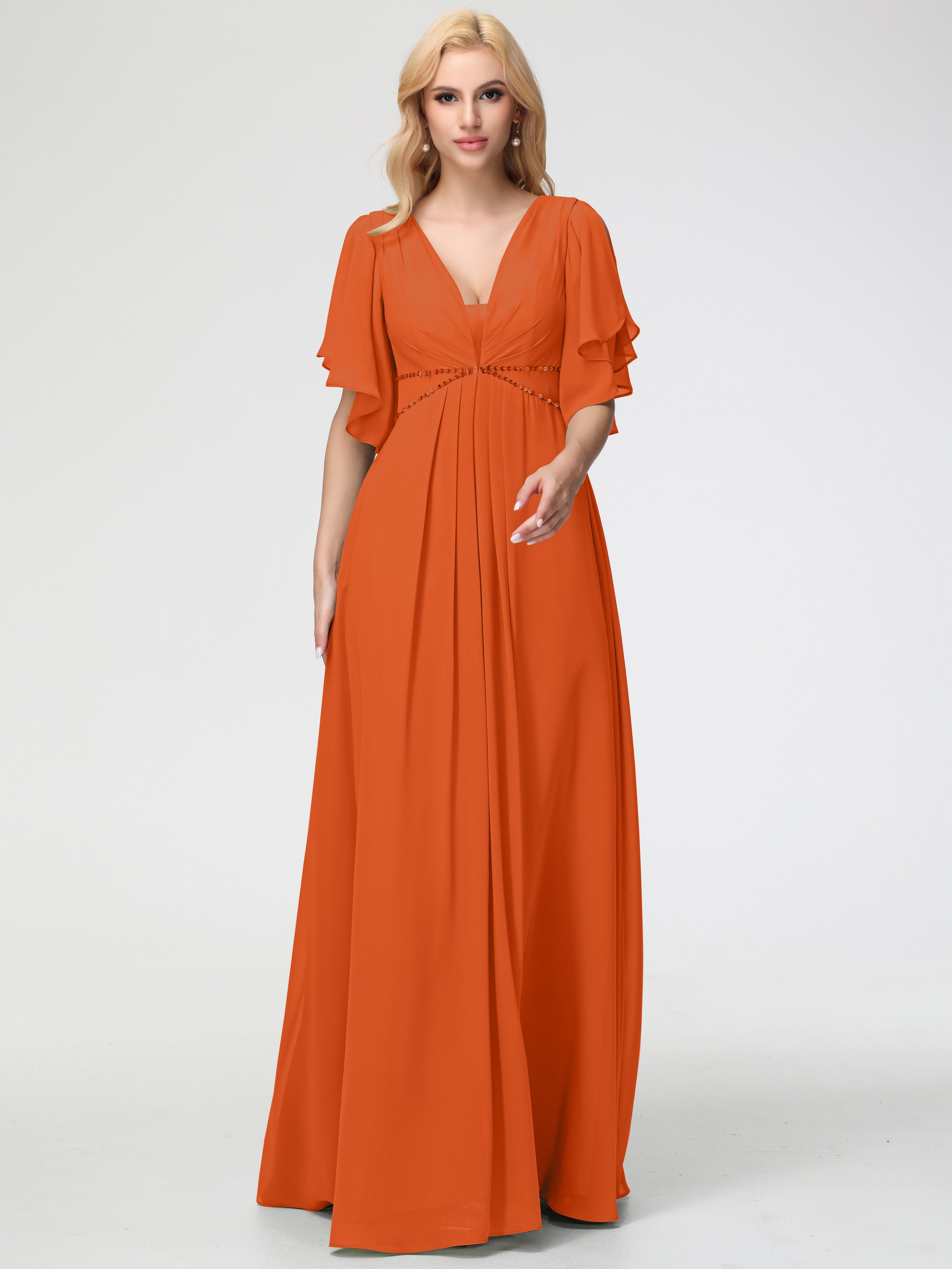 Burnt Orange Bridesmaid Dresses A-Line Short Sleeves V Neck Sequined Empire Waist Long Chiffon Bridesmaid Dresses Burnt Orange Bridesmaid Dresses A-Line Short Sleeves V Neck Sequined Empire Waist Long Chiffon Bridesmaid Dresses