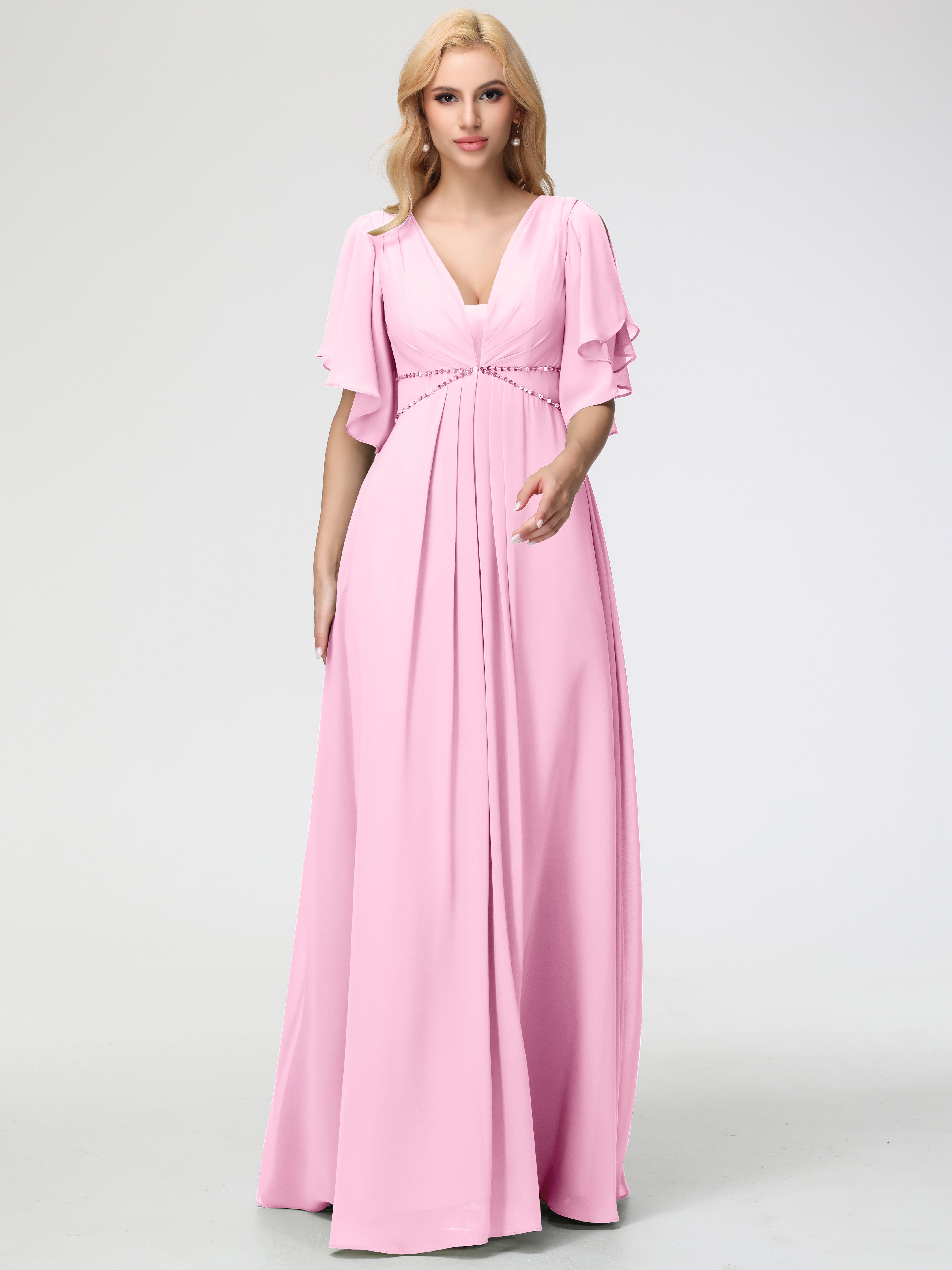 Candy Pink Bridesmaid Dresses A-Line Short Sleeves V Neck Sequined Empire Waist Long Chiffon Bridesmaid Dresses Candy Pink Bridesmaid Dresses A-Line Short Sleeves V Neck Sequined Empire Waist Long Chiffon Bridesmaid Dresses