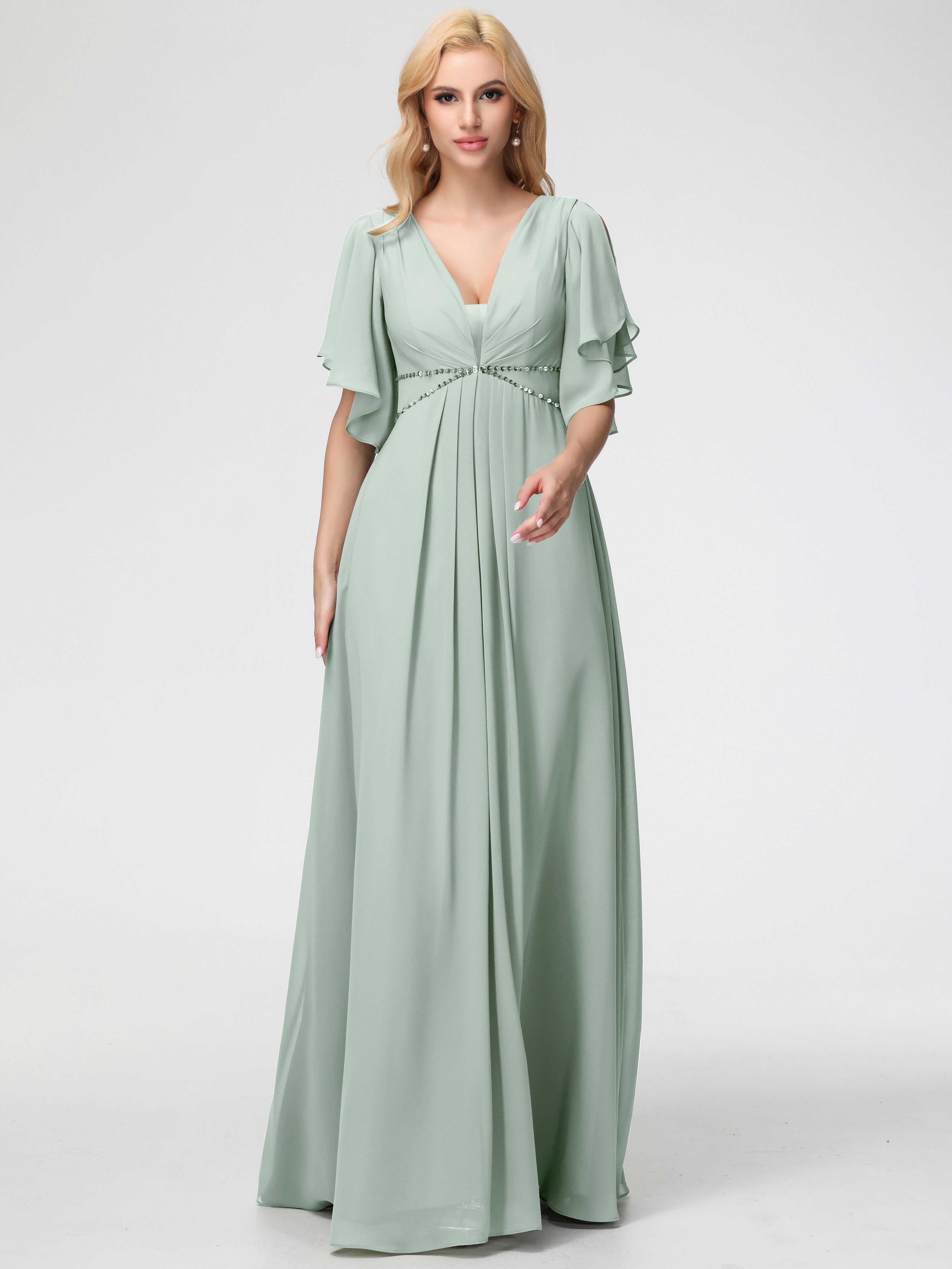 Celadon Bridesmaid Dresses A-Line Short Sleeves V Neck Sequined Empire Waist Long Chiffon Bridesmaid Dresses Celadon Bridesmaid Dresses A-Line Short Sleeves V Neck Sequined Empire Waist Long Chiffon Bridesmaid Dresses
