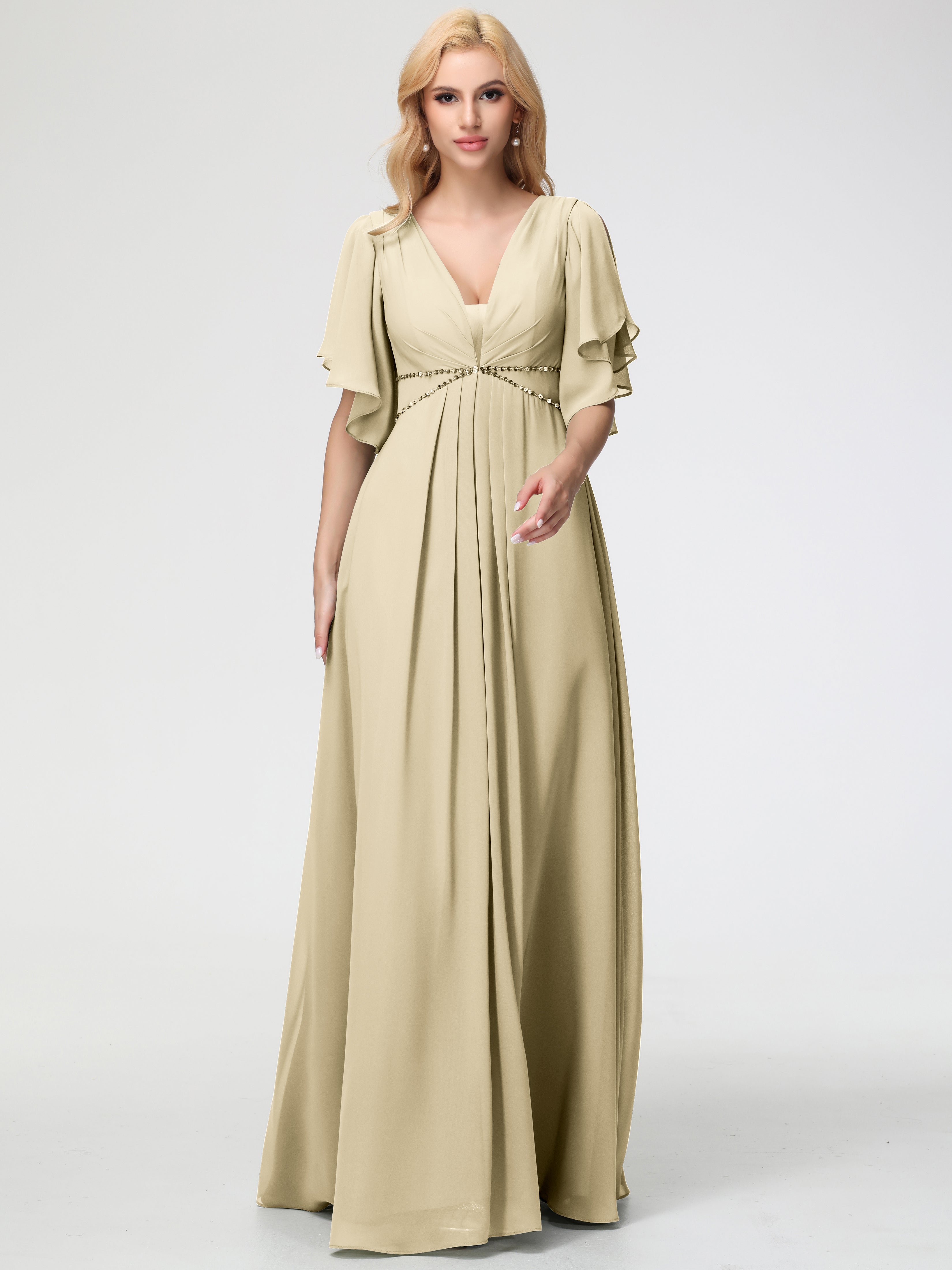 Champagne Gold Bridesmaid Dresses A-Line Short Sleeves V Neck Sequined Empire Waist Long Chiffon Bridesmaid Dresses Champagne Gold Bridesmaid Dresses A-Line Short Sleeves V Neck Sequined Empire Waist Long Chiffon Bridesmaid Dresses