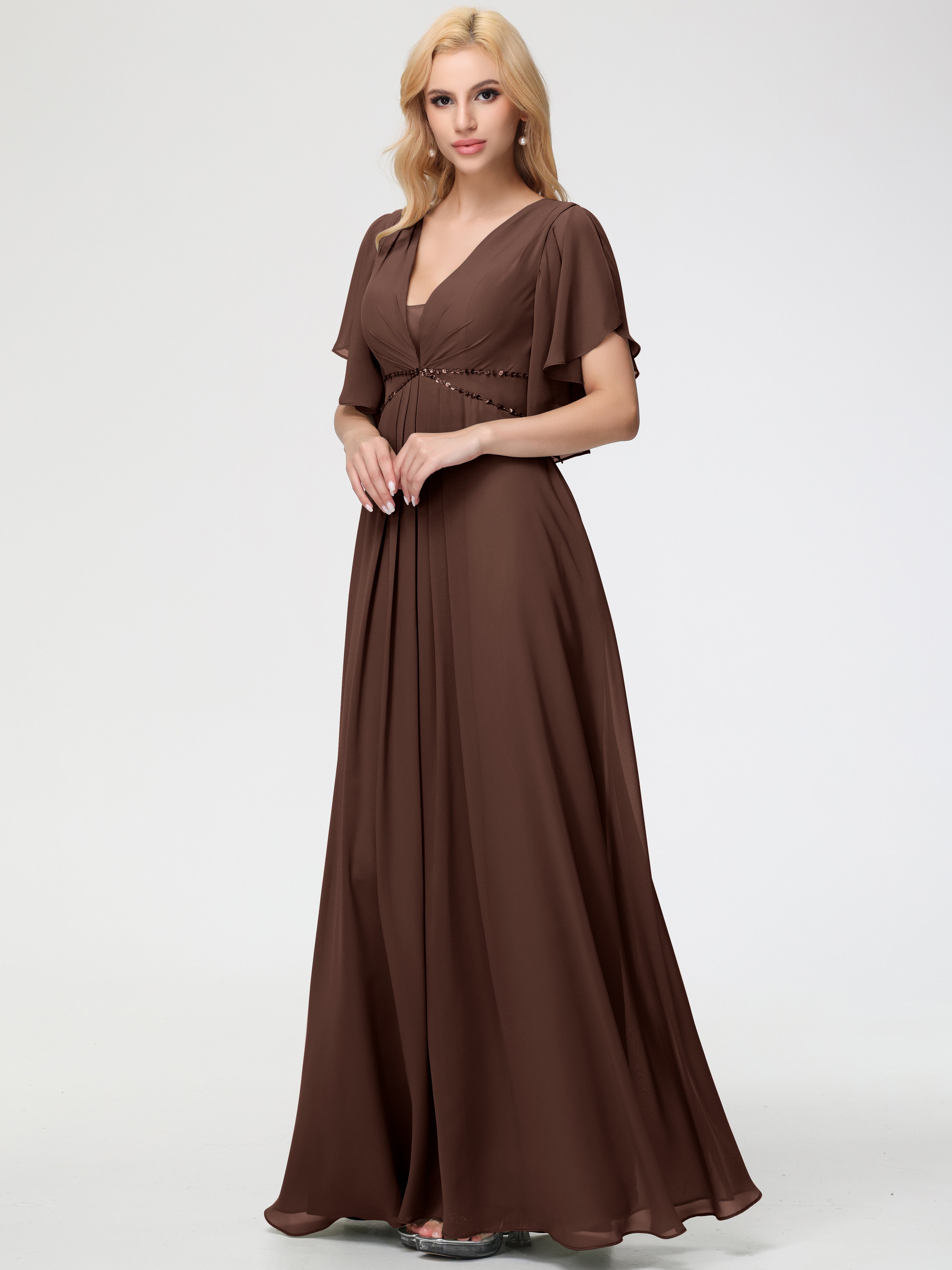 Chocolate Brown Bridesmaid A-Line Short Sleeves V Neck Sequined Empire Waist Long Chiffon Bridesmaid Dresses