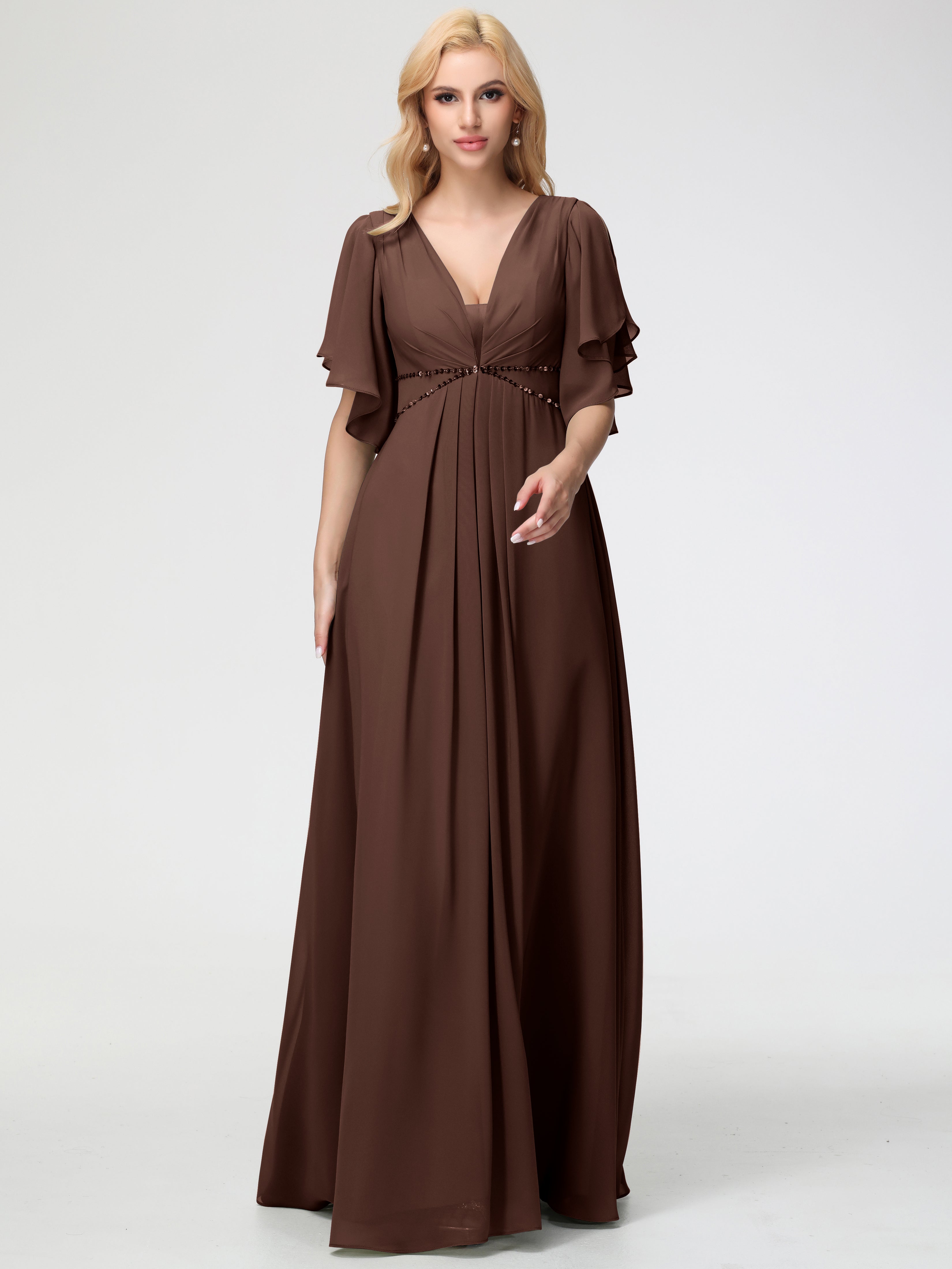 Chocolate Brown Bridesmaid A-Line Short Sleeves V Neck Sequined Empire Waist Long Chiffon Bridesmaid Dresses Chocolate Brown Bridesmaid A-Line Short Sleeves V Neck Sequined Empire Waist Long Chiffon Bridesmaid Dresses